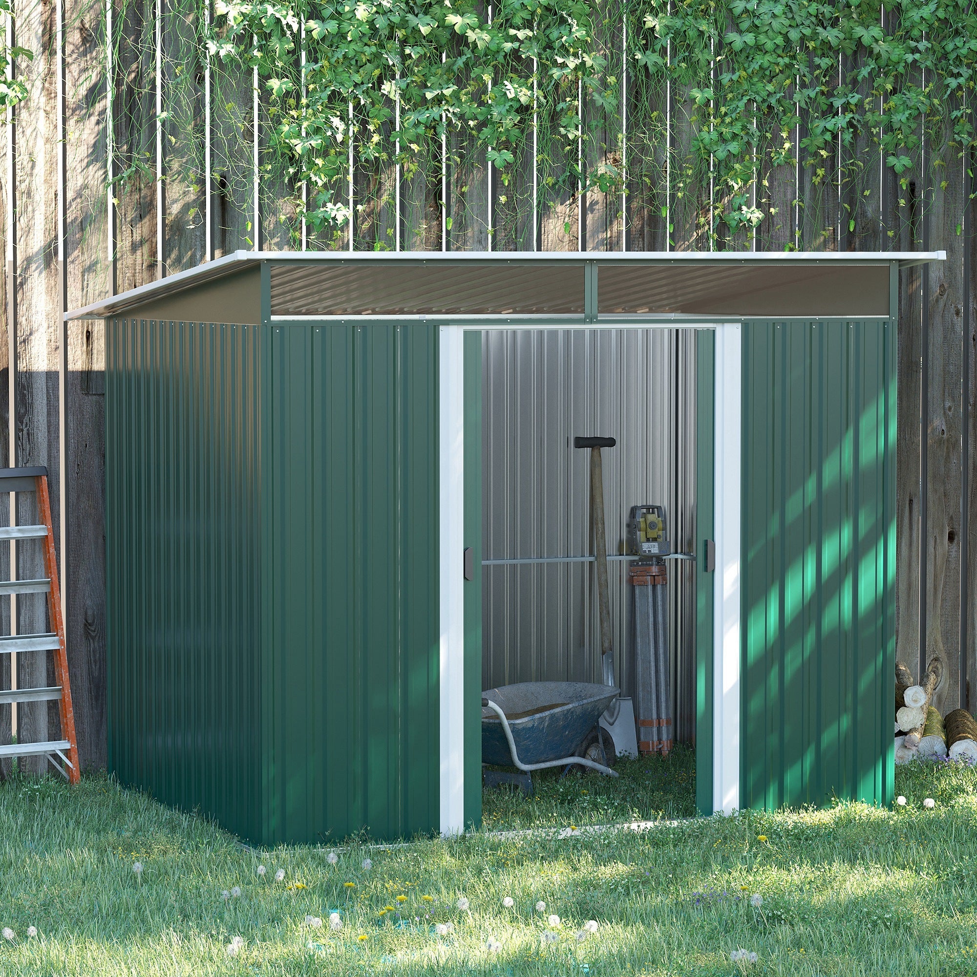 Metal Shed 8.5 x 6ft, Lightsky Panels Garden Storage Tool House Double Doors, Green