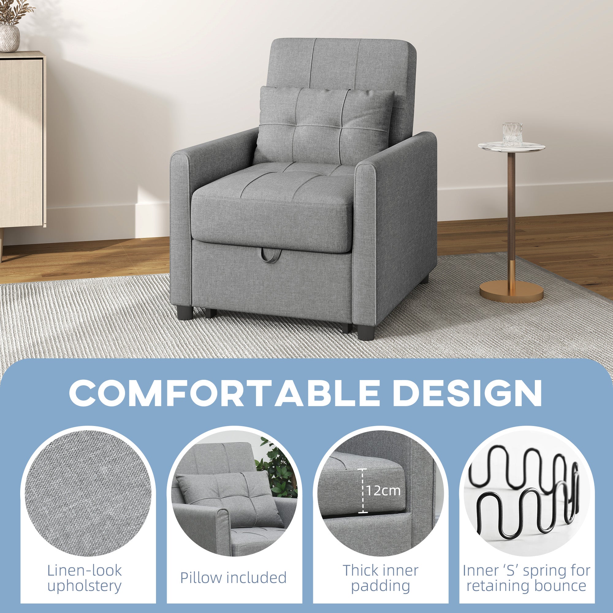 Linen-Look Single Chair Bed - Light Grey