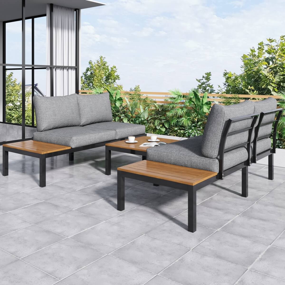 4 Seater Garden Corner Sofa Set – Space Saving L Shaped Outdoor Lounge with Wooden Table