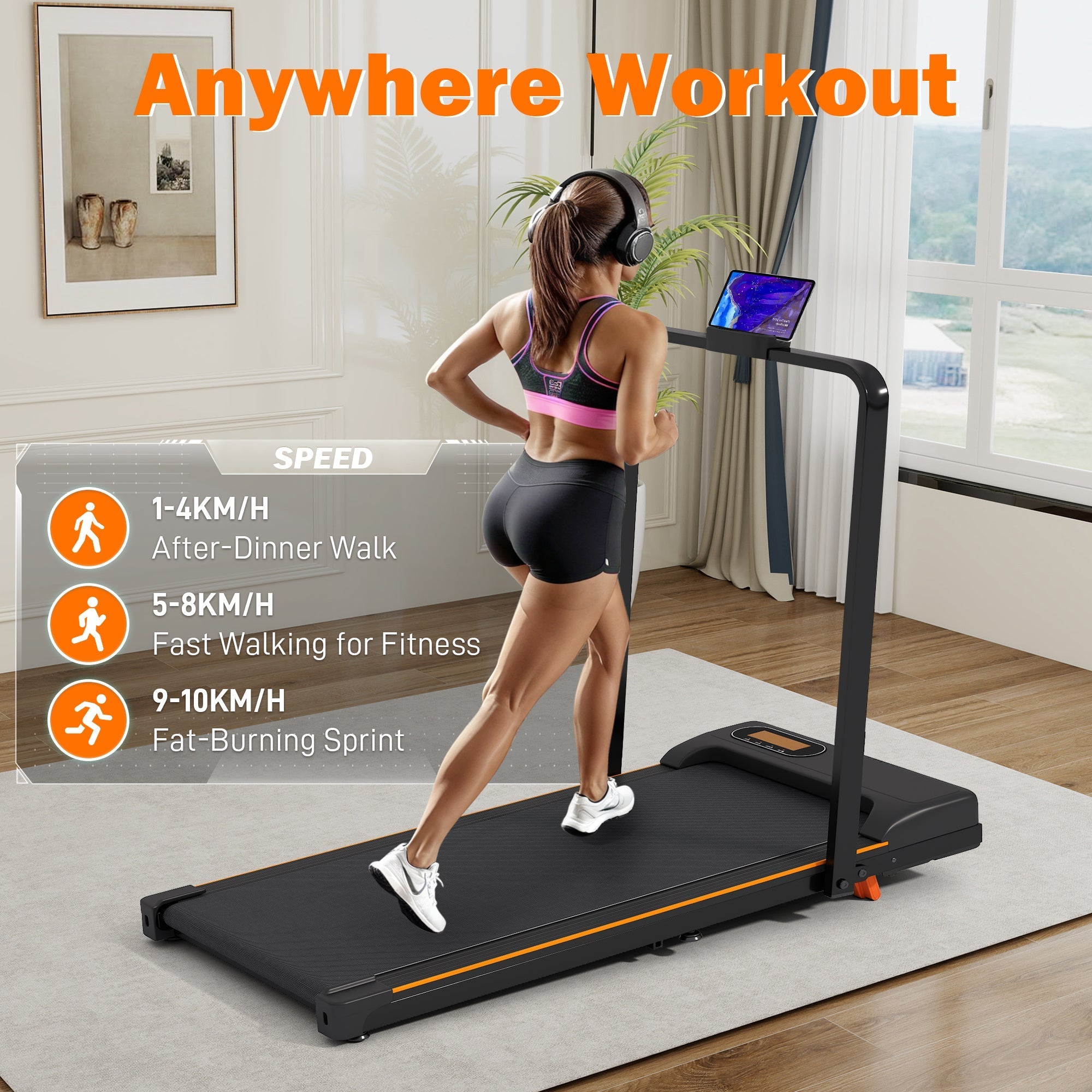 Folding Treadmill with Handrail & Adjustable Incline, 1-10 km/h Running Machine, Space Saving Low Noise Design, Black