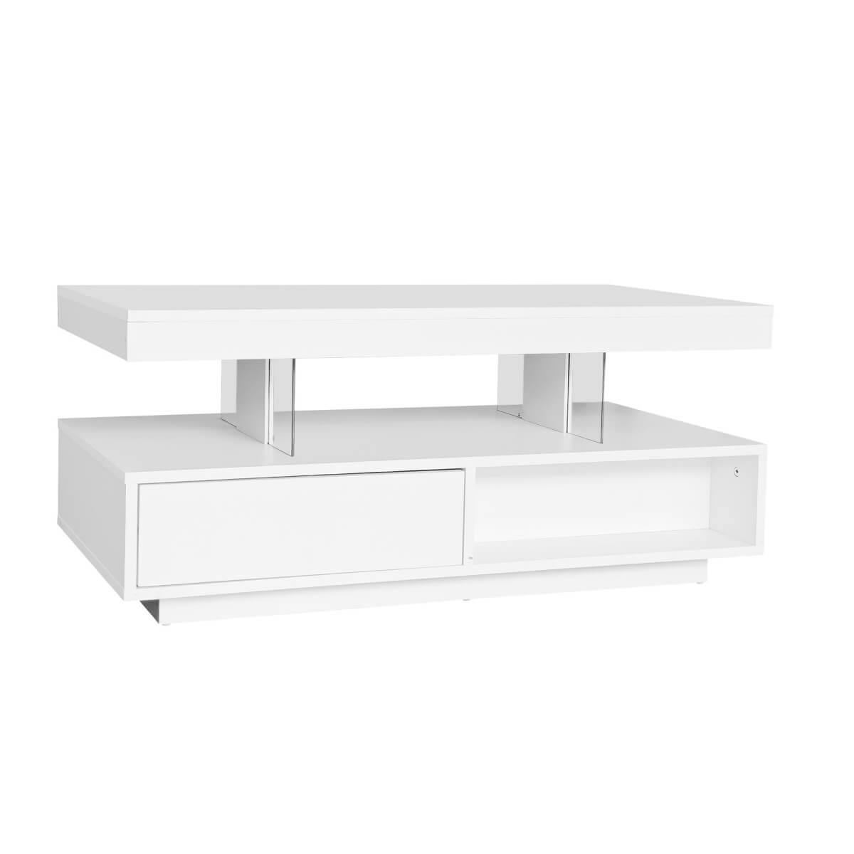 LED Coffee Table with Storage – High Gloss Centre Table with 2 Drawers, White