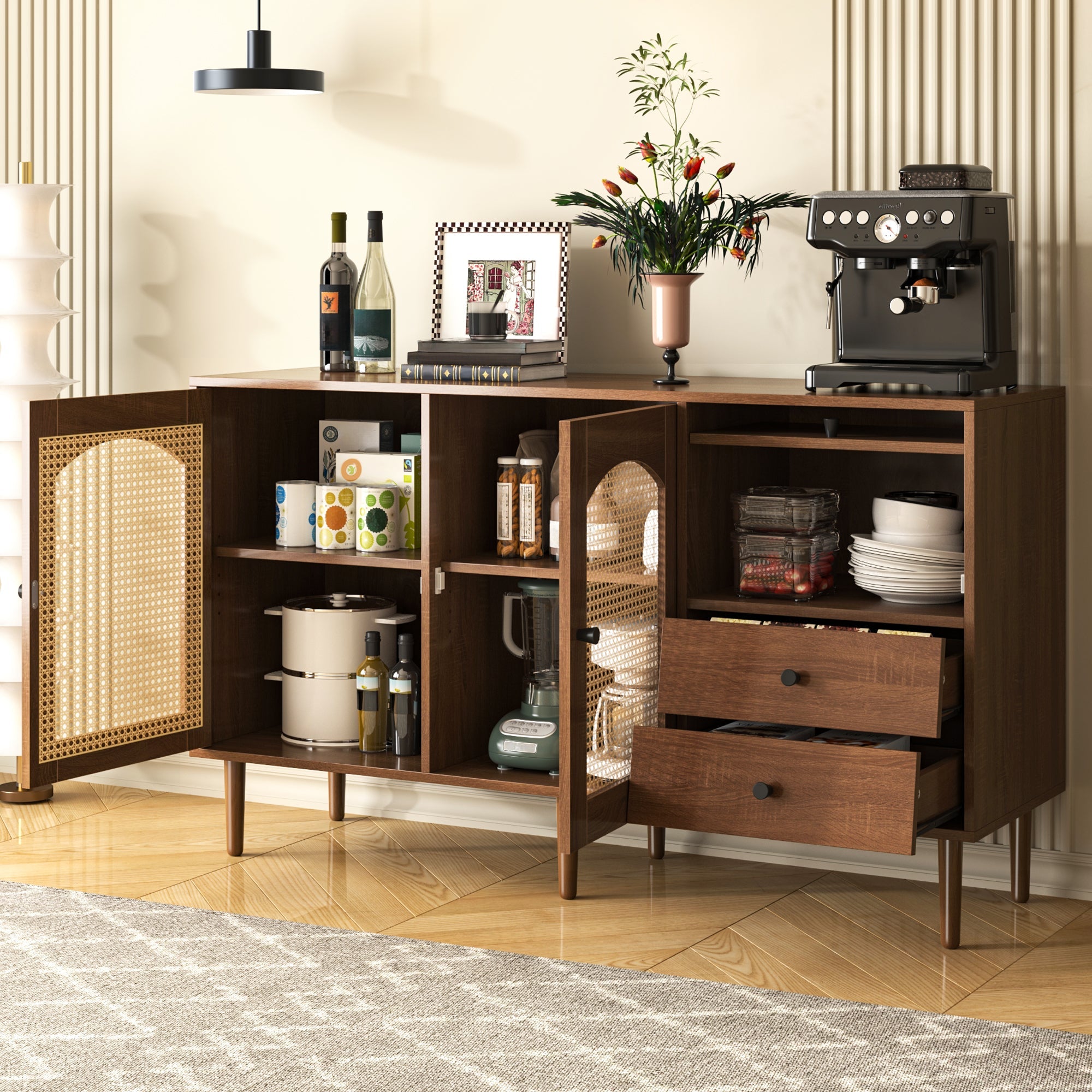Country-Style Sideboard with Rattan Doors, Magnetic Closure Adjustable Shelves, Wood Tone