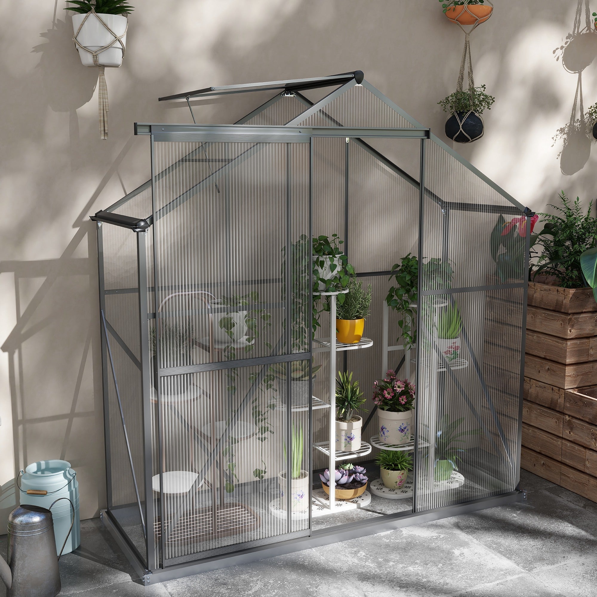Polycarbonate Greenhouse Walk-In with Rain Gutter, Sliding Door, Window, Foundation, Dark Grey