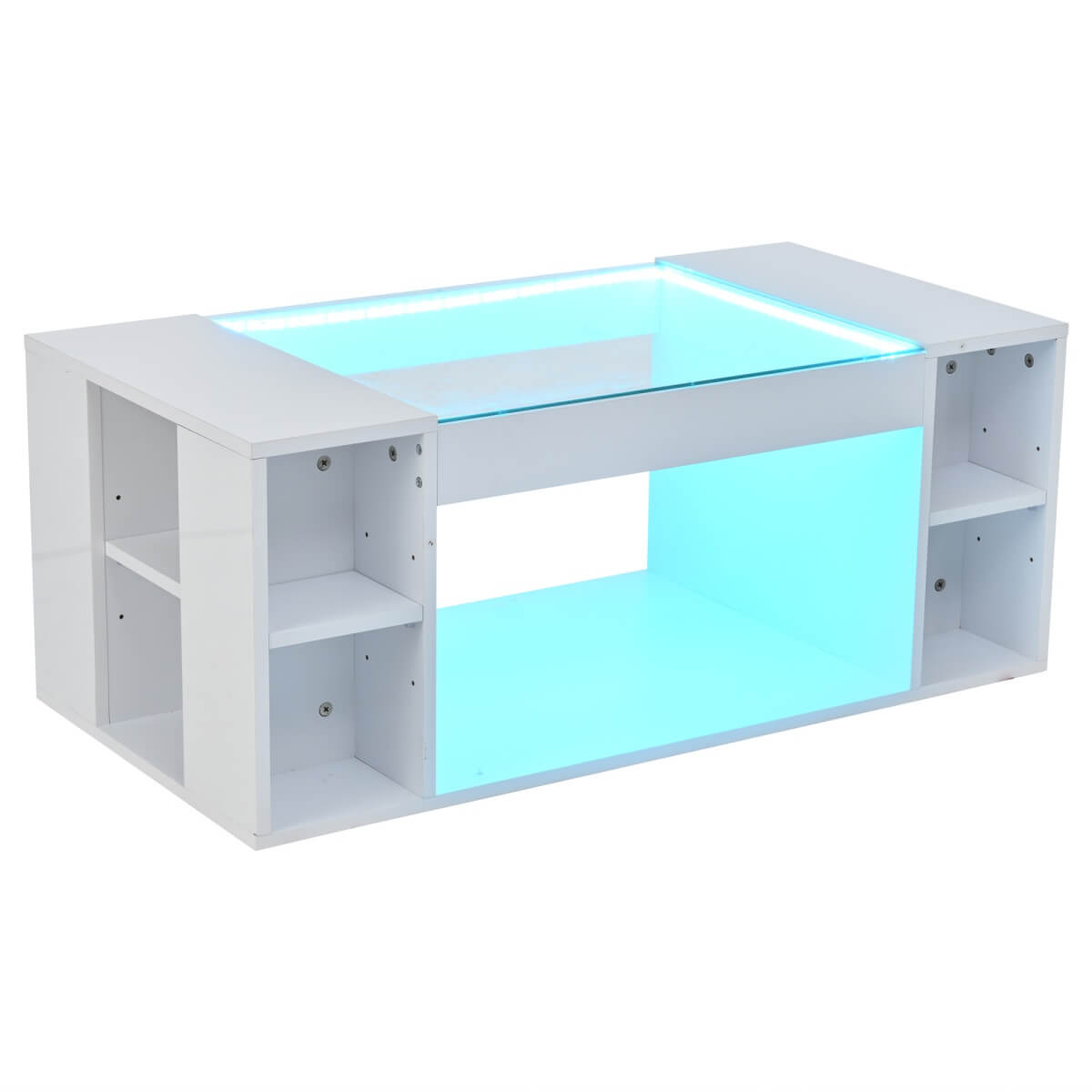 High Gloss White Coffee Table – LED Centre Table with Glass Top and Open Storage