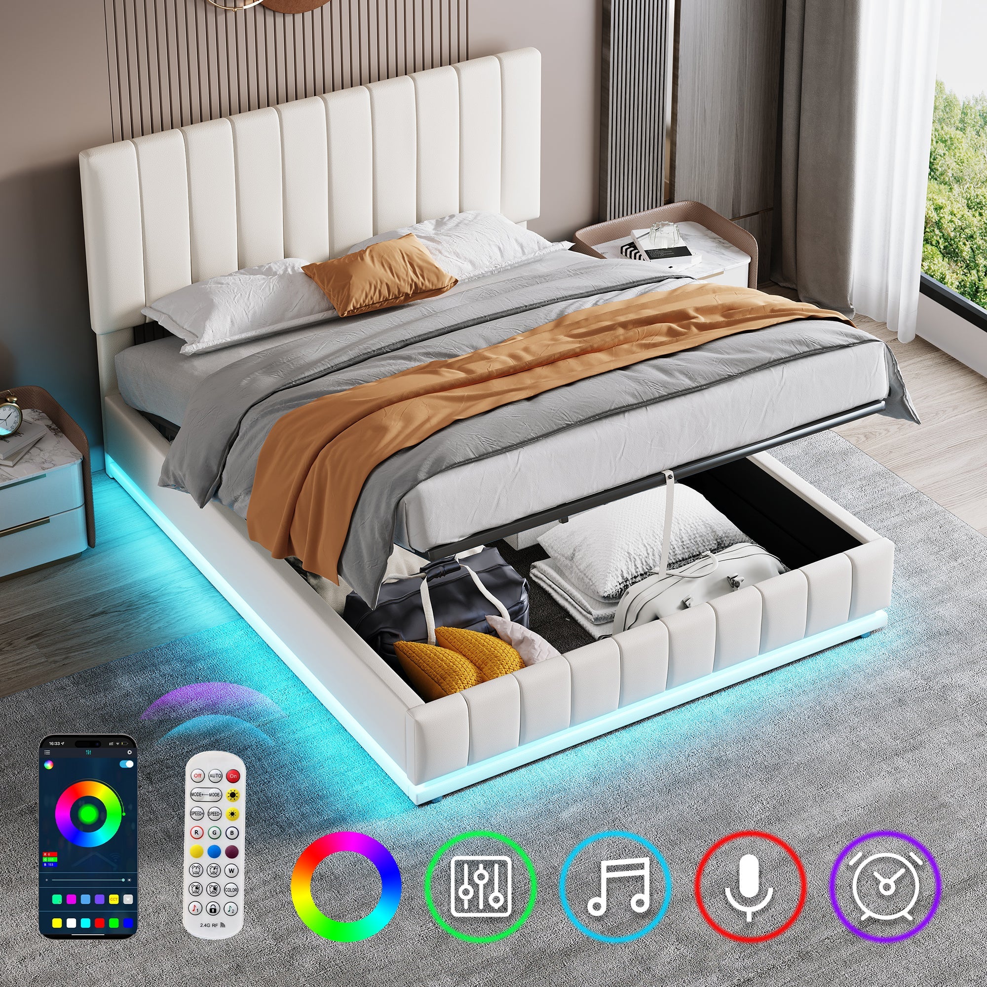 Ottoman King Bed with LED, Hydraulic Storage, PU Leather Cream White