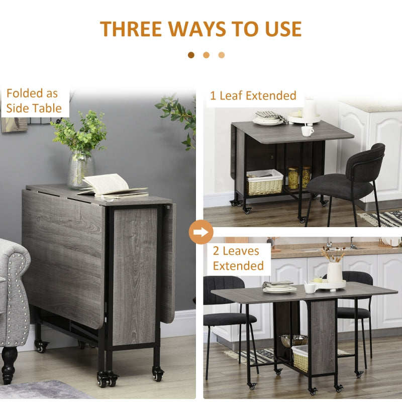 Mobile Drop Leaf Table Folding Extendable Dining Table with 6 Wheels and Storage Shelf