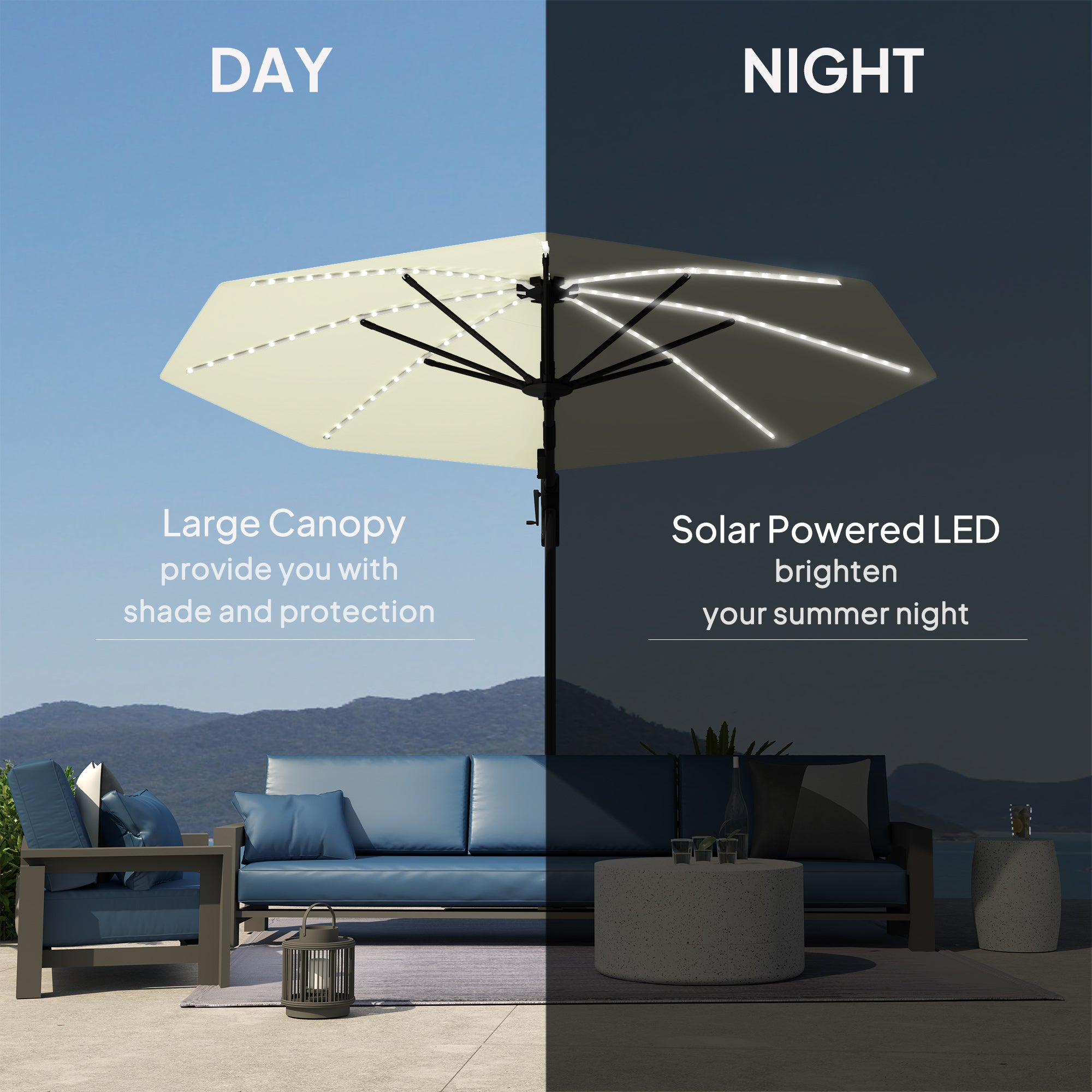 Cantilever Garden Parasol with Solar Lights, 360?? Rotation, Cream