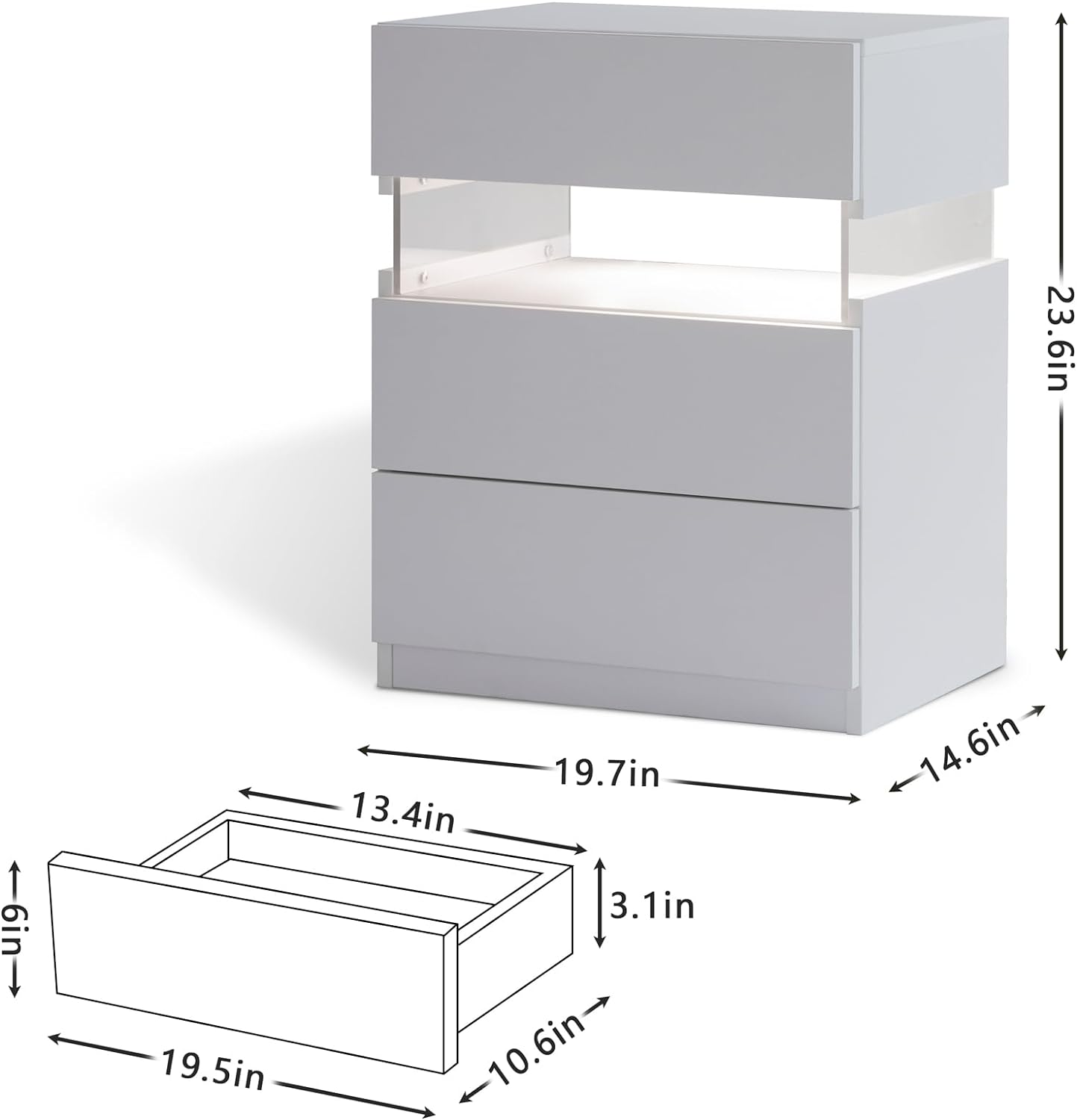 LED Nightstands: Acrylic Board LED Bedside Tables with 3 Drawer Dresser, White
