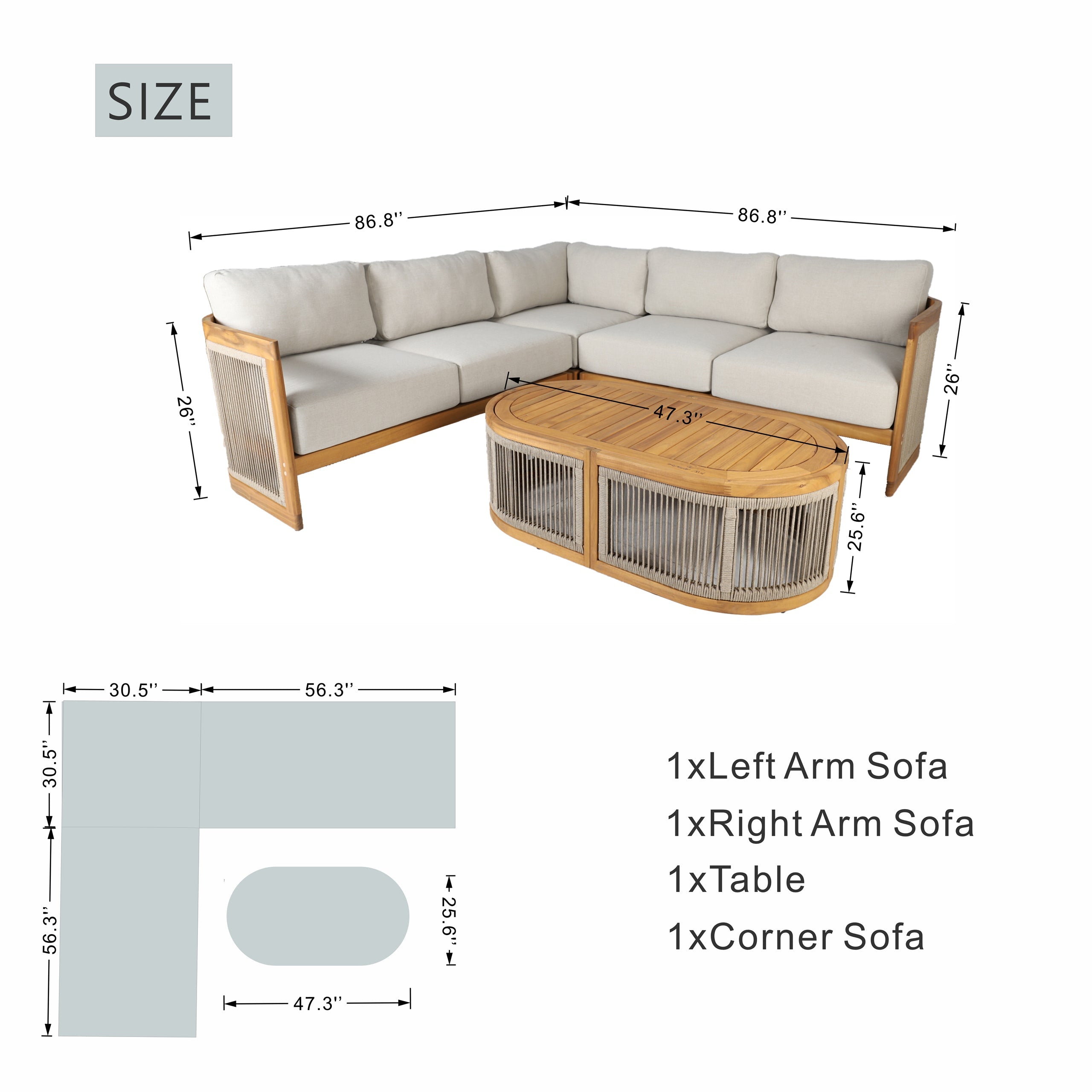 L-Shape 4-Seat Solid Acacia Modular Sofa Set with Oval Coffee Table (PAS-2516-LS+CS+RS+OTA)