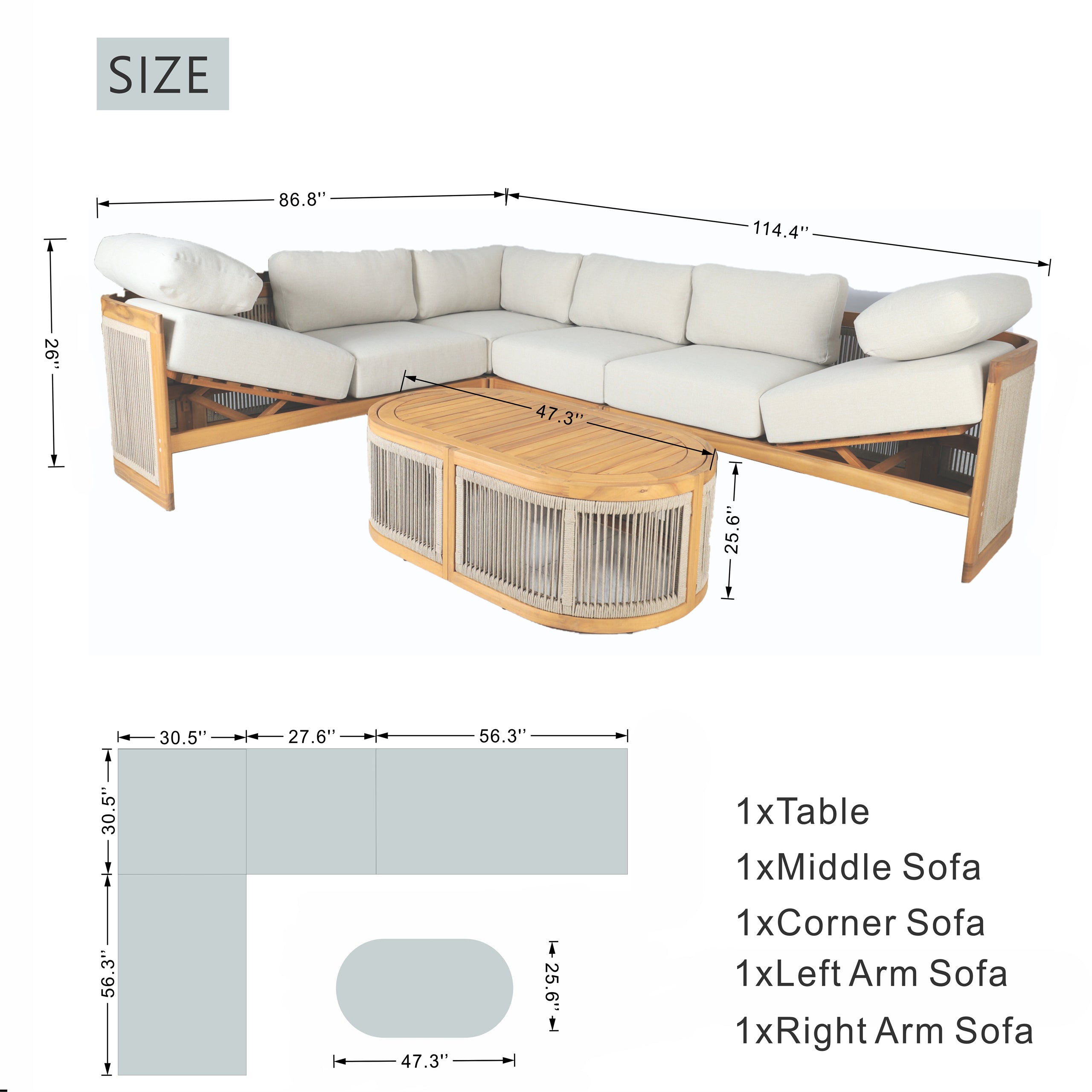 L-Shape 5-Seat Solid Acacia Modular Sofa Set with Cushions ¨C  Lounge Configuration (PAS-2516-LS+CS+MS+RS+OTA)