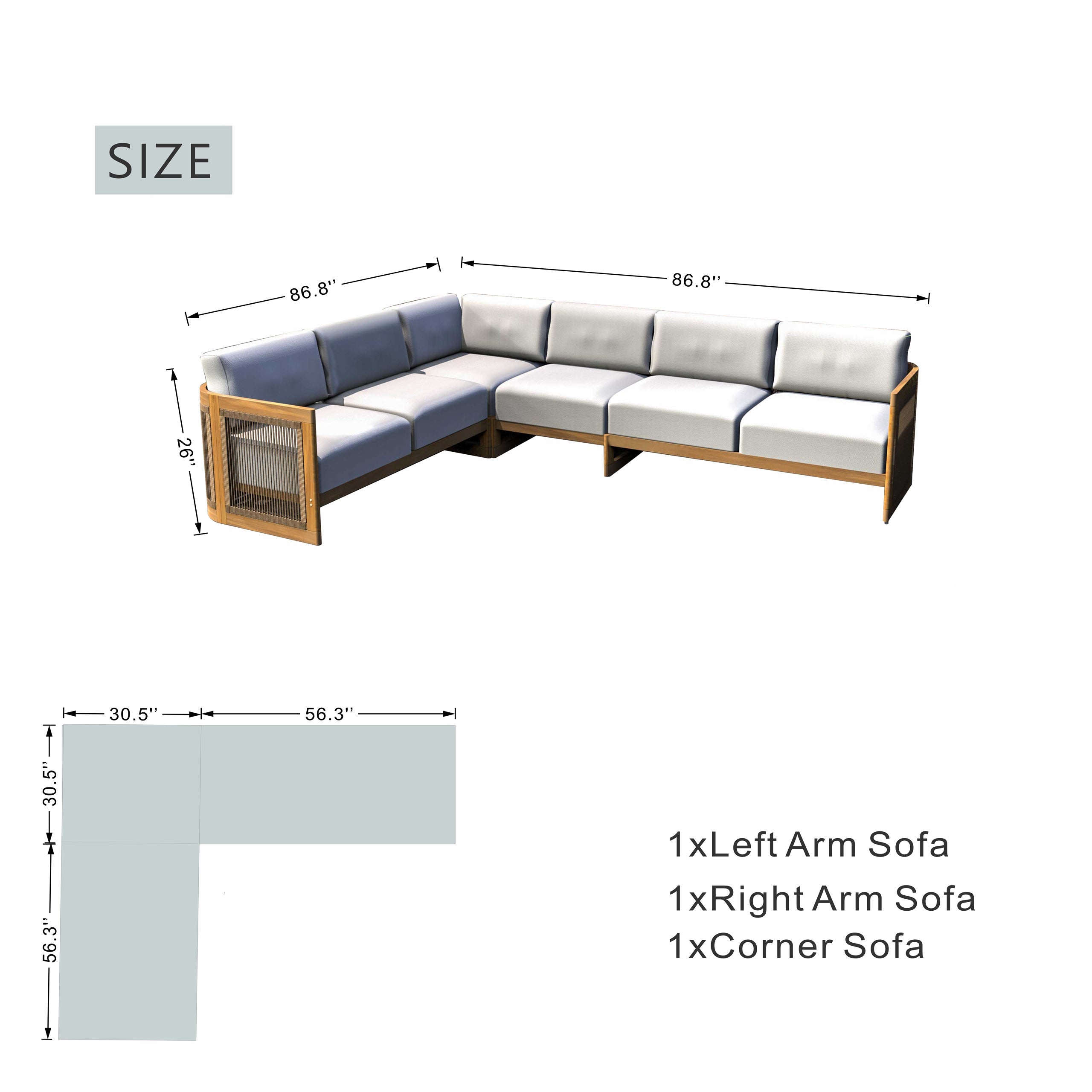 L-Shape 5 seat Solid Acacia Modular Sofa Set with Cushions ¨C Lounge Configuration (PAS-2516-LS+CS+MS+RS)