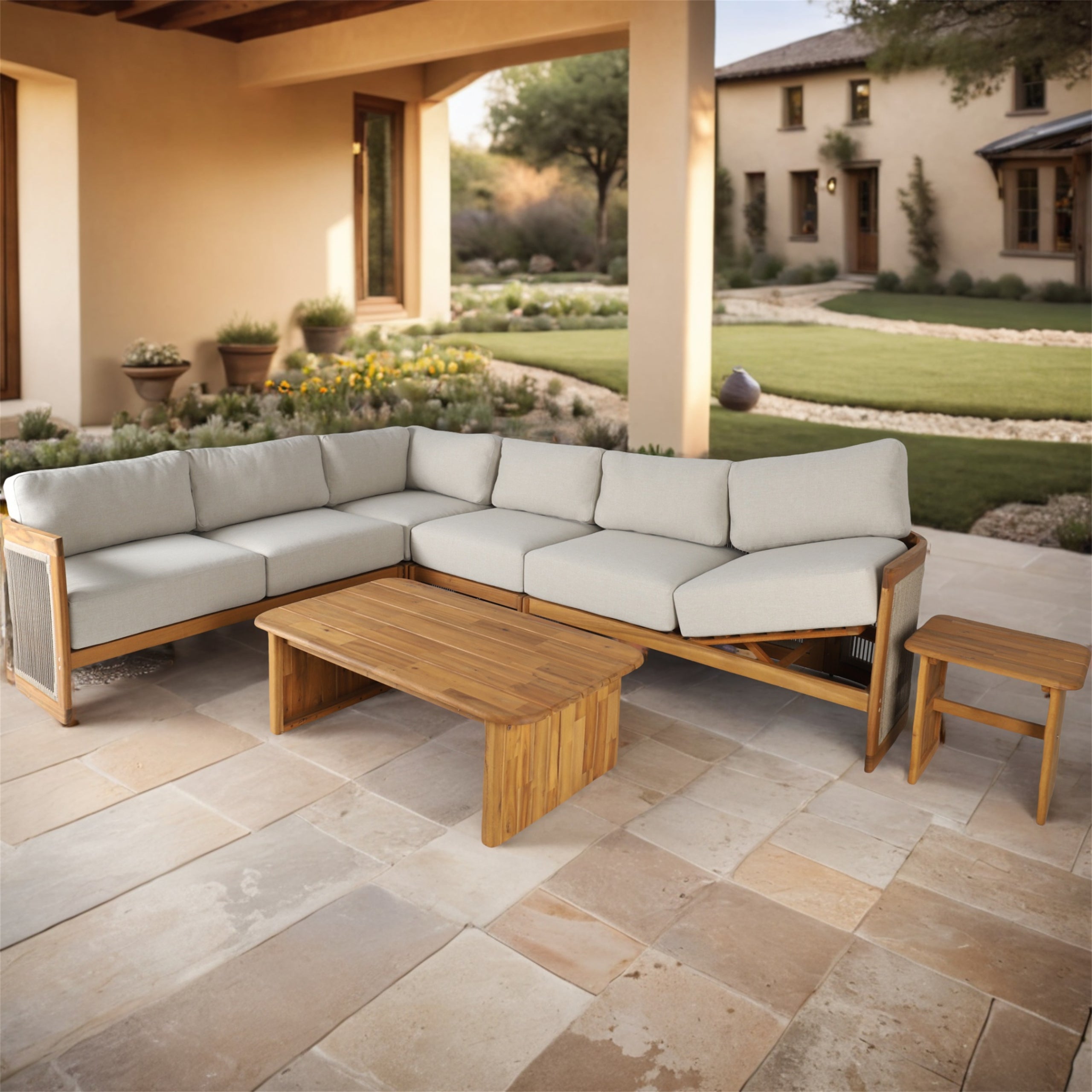 L-Shape 5-Seat Solid Acacia Sectional Sofa Set with Side & Rectangle Coffee Table (PAS-2516-LS+MS+CS+RS+PAS-2515-ST+TA)