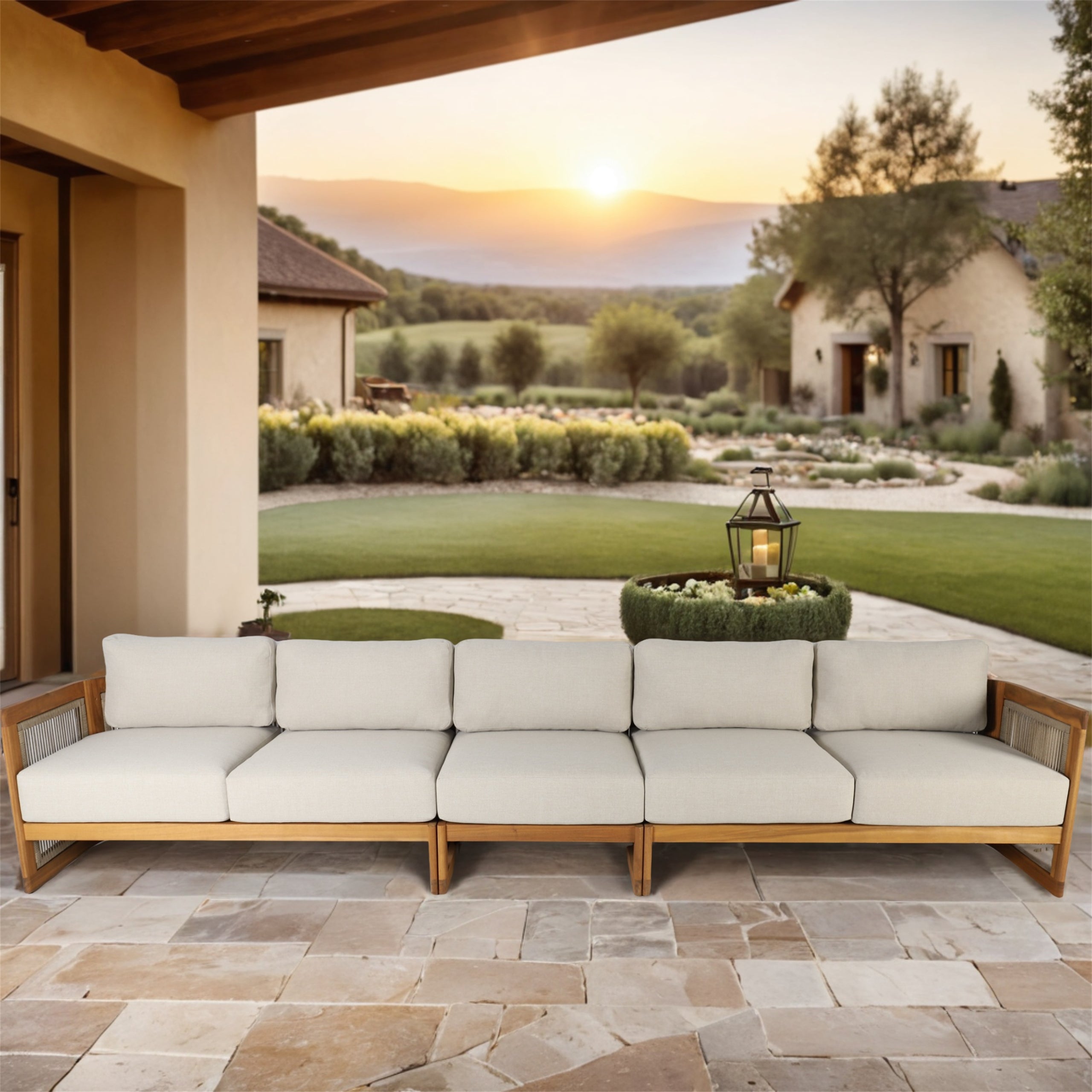 I-Shape 5-Seat Solid Acacia  Modular Sofa ¨C Armless Middle with Side Support (PAS-2516-LS+MS+RS)