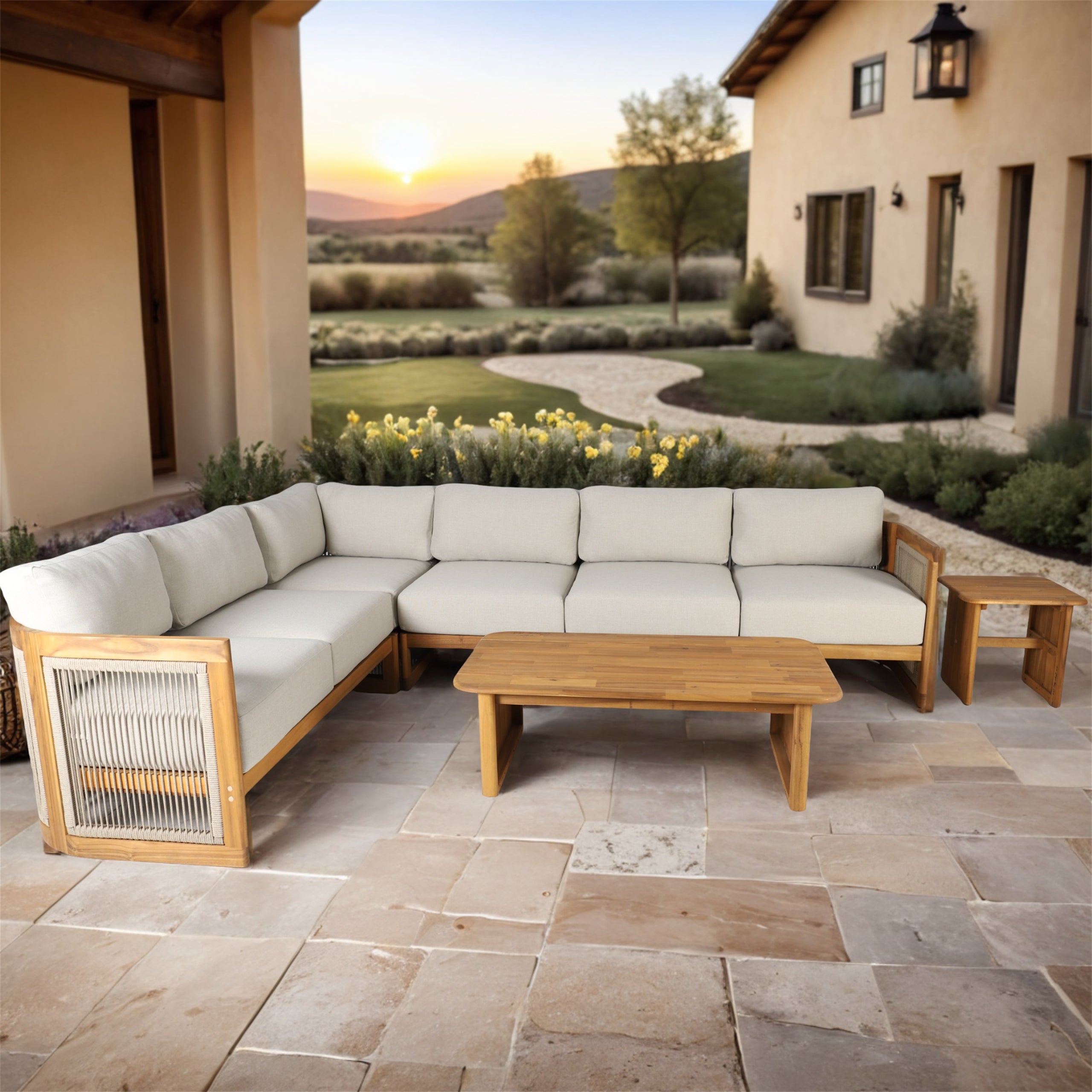 L-Shape 5-Seat Solid Acacia Sectional Sofa Set with Side & Rectangle Coffee Table (PAS-2516-LS+MS+CS+RS+PAS-2515-ST+TA)