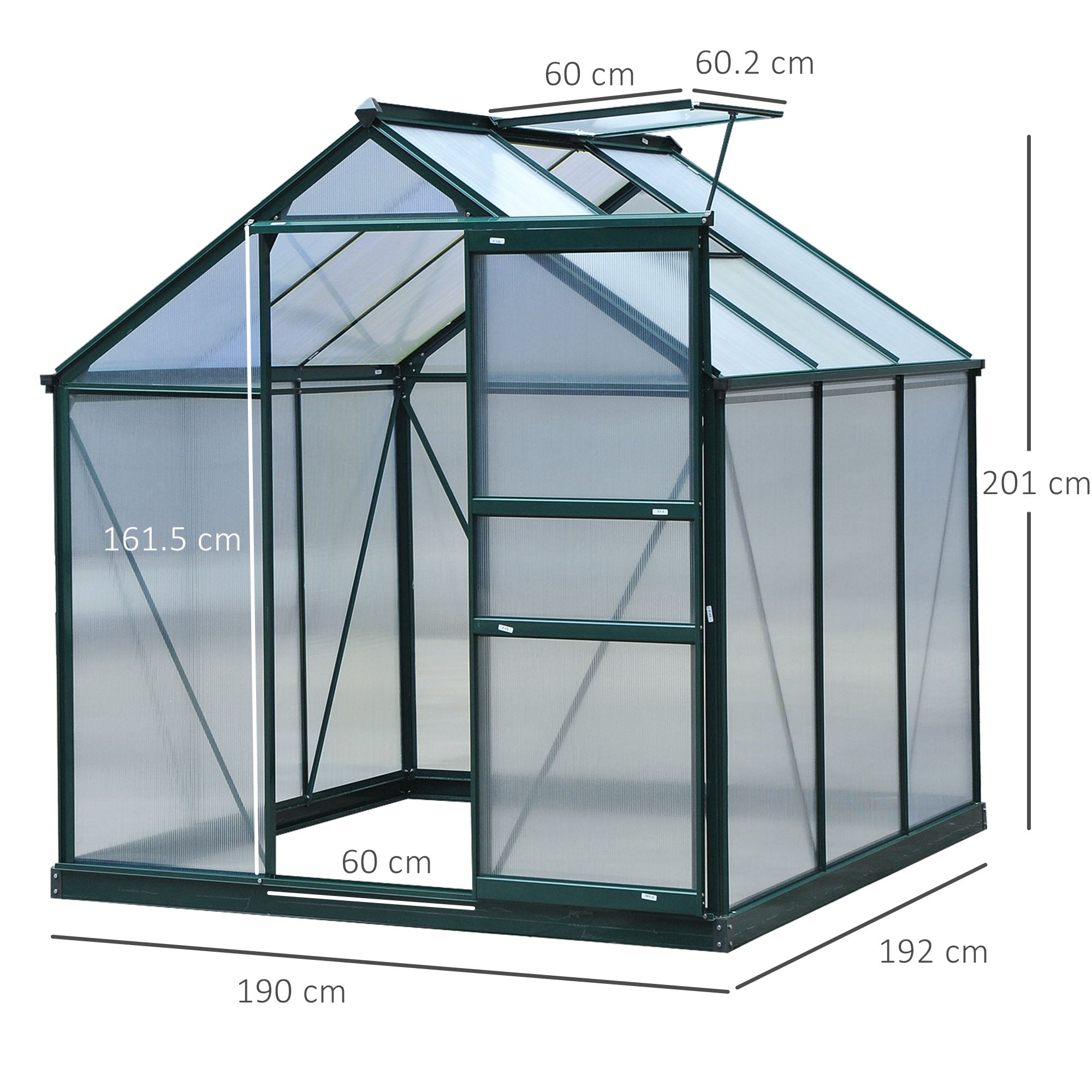 Polycarbonate Greenhouse, 6 x 6ft Walk-In with Slide Door and Window, Dark Green