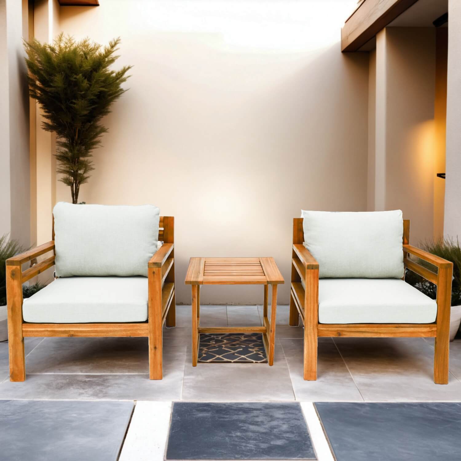 2-Seater Acacia Wood Outdoor Bistro Set – Solid Wood Garden Sofa with Side Table