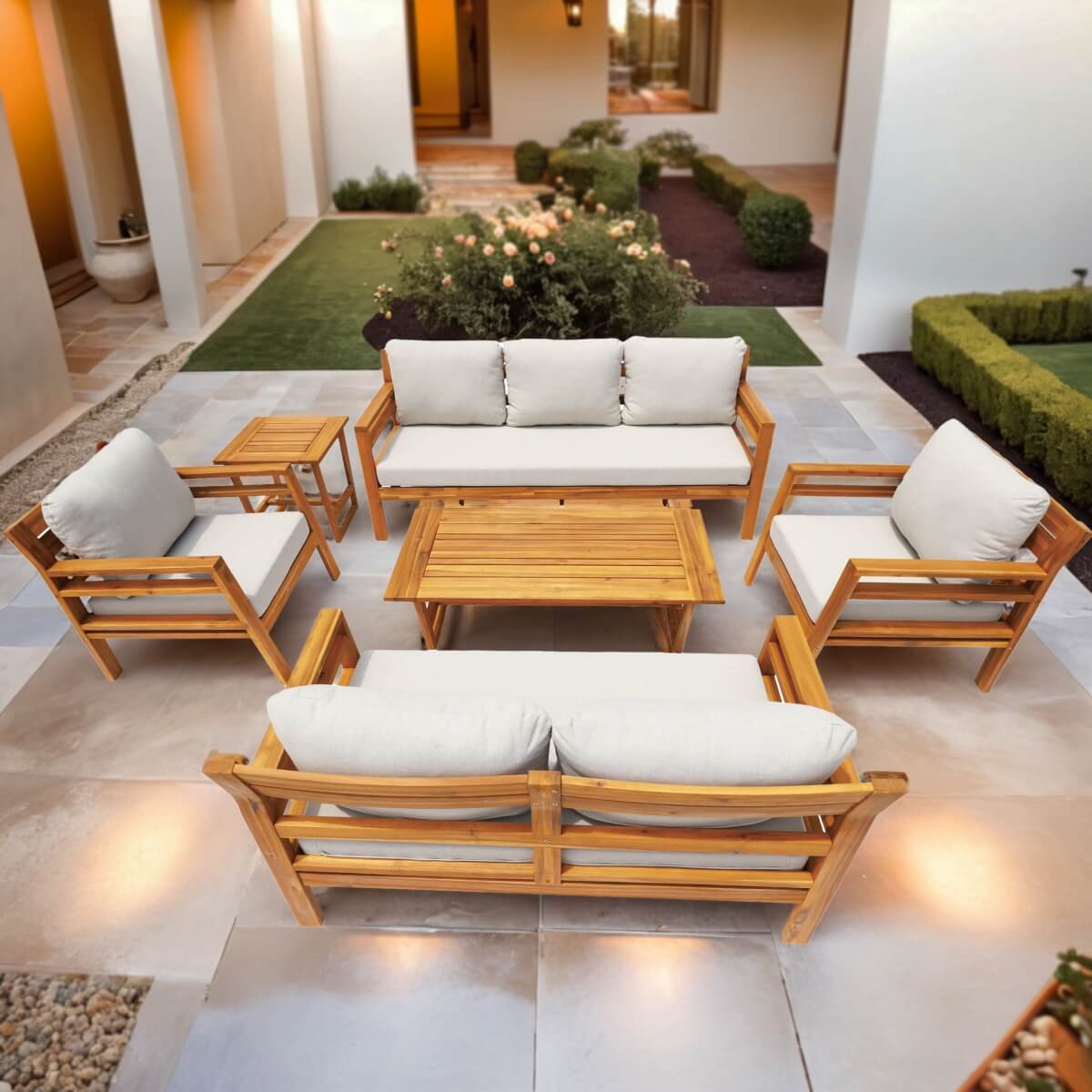7-Seater Acacia Wood Outdoor Sofa Set – Solid Wood Garden Lounge with Coffee Table and Side Table