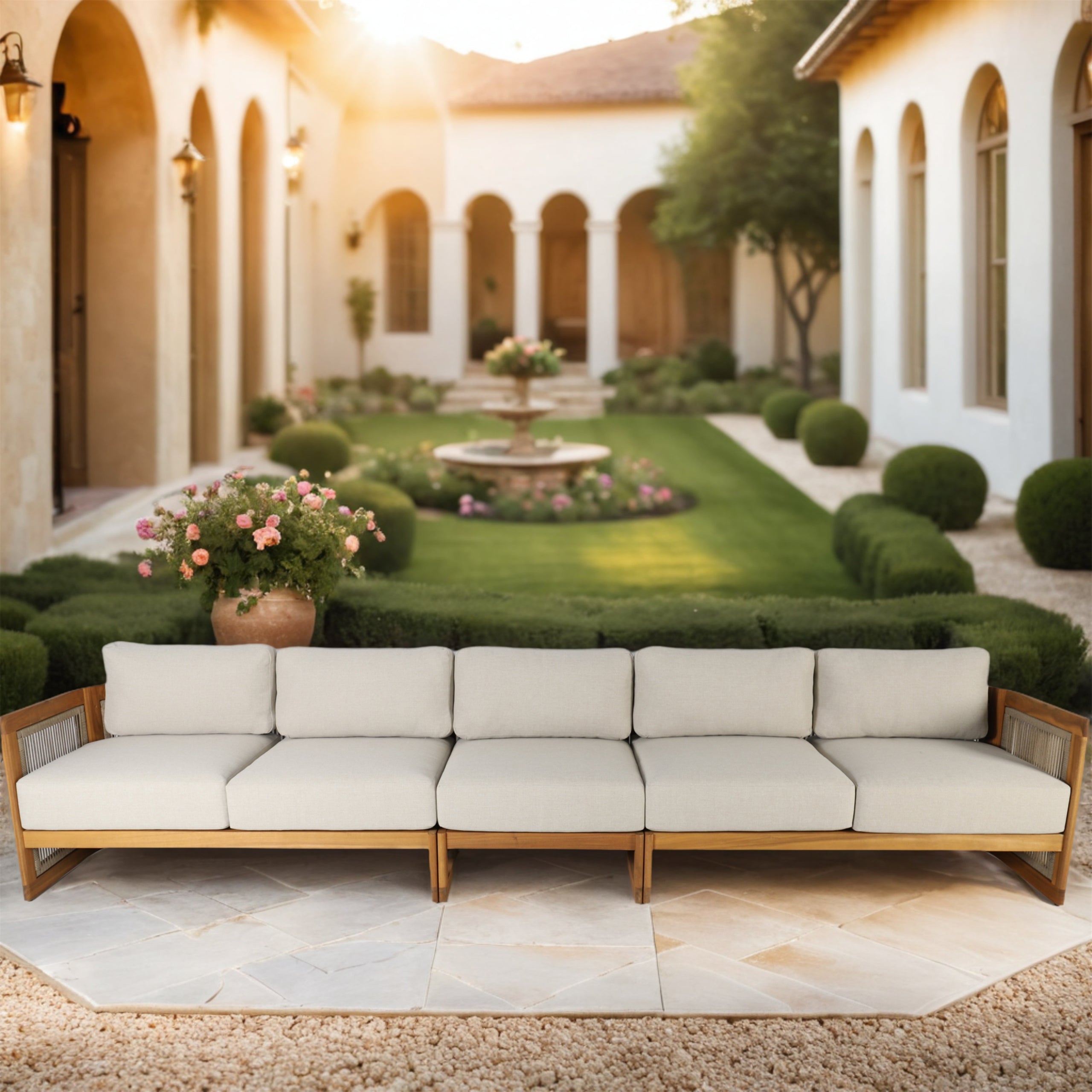 I-Shape 5-Seat Solid Acacia  Modular Sofa ¨C Armless Middle with Side Support (PAS-2516-LS+MS+RS)