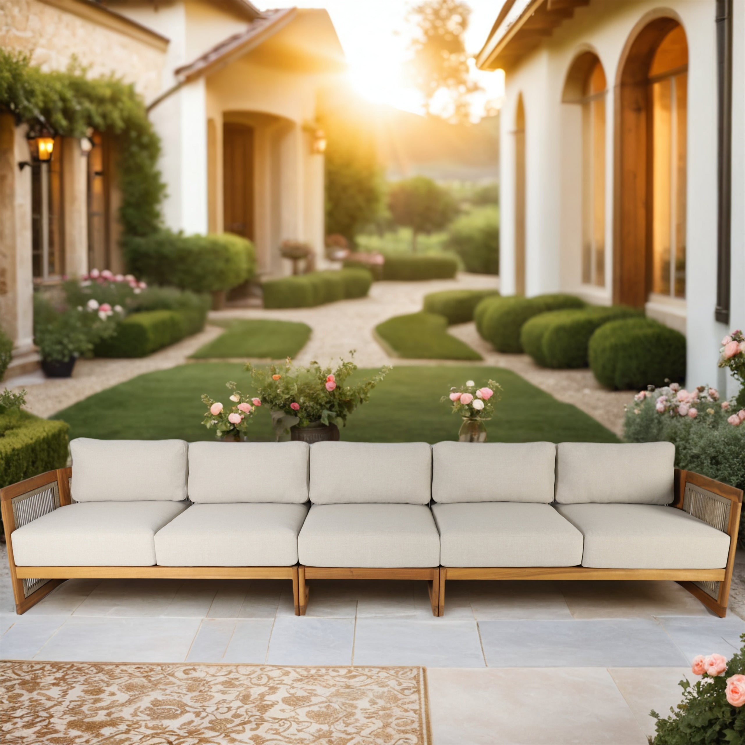 I-Shape 5-Seat Solid Acacia  Modular Sofa ¨C Armless Middle with Side Support (PAS-2516-LS+MS+RS)