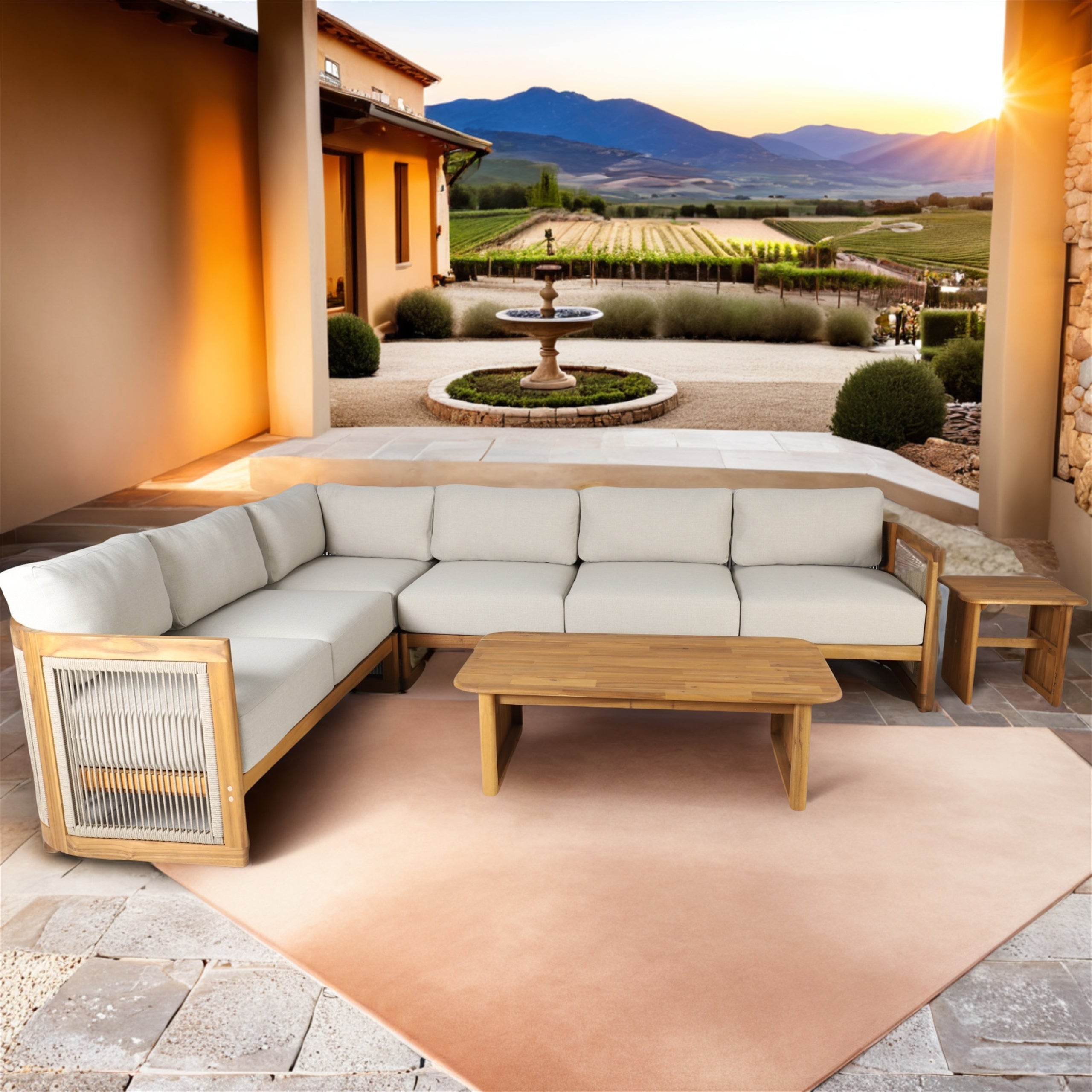 L-Shape 5-Seat Solid Acacia Sectional Sofa Set with Side & Rectangle Coffee Table (PAS-2516-LS+MS+CS+RS+PAS-2515-ST+TA)