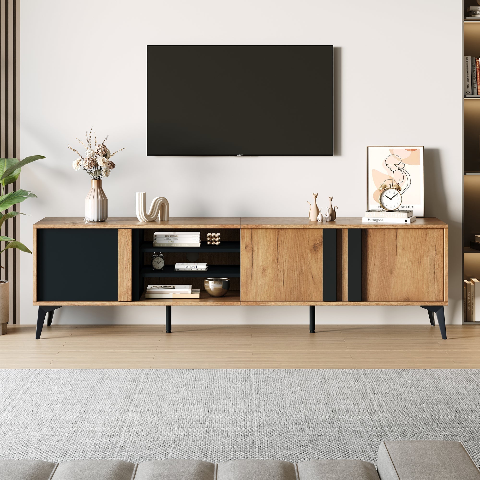 TV Stand TV Cabinet for up to 80 Inch TV with 3 Cabinets and 3 Open Shelves, Steel Frame, Brown and Black