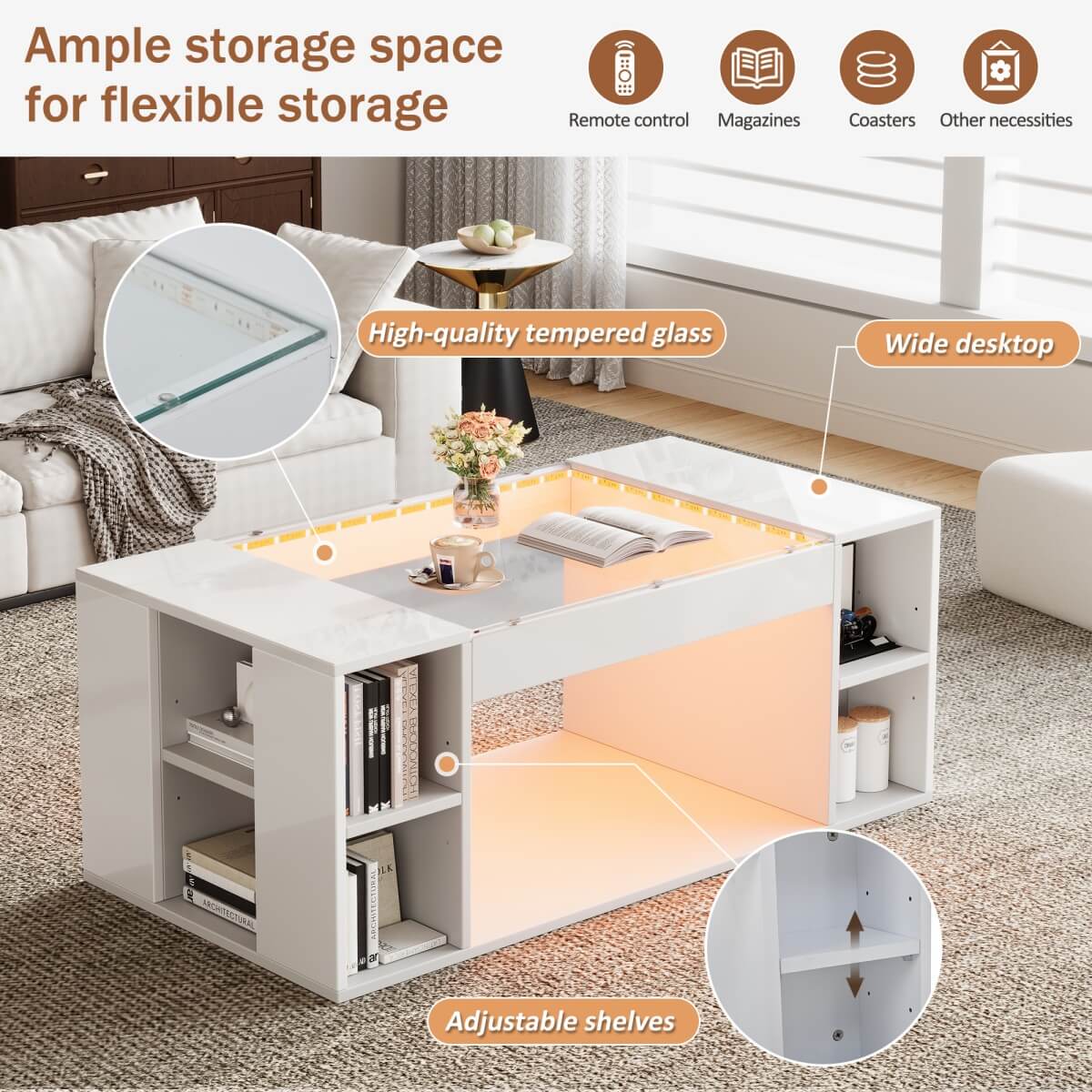 High Gloss White Coffee Table – LED Centre Table with Glass Top and Open Storage