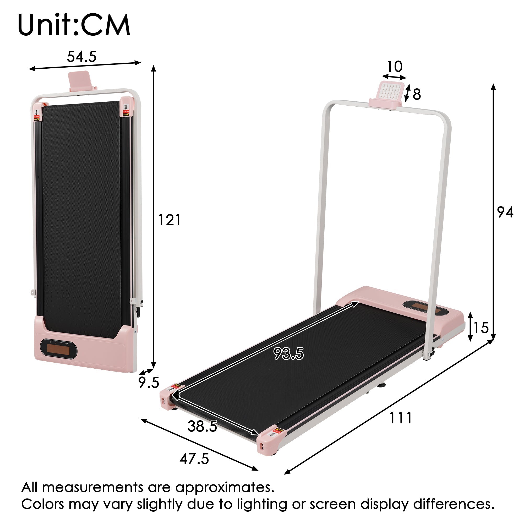 Folding Treadmill with Handrail & Adjustable Incline, Pink
