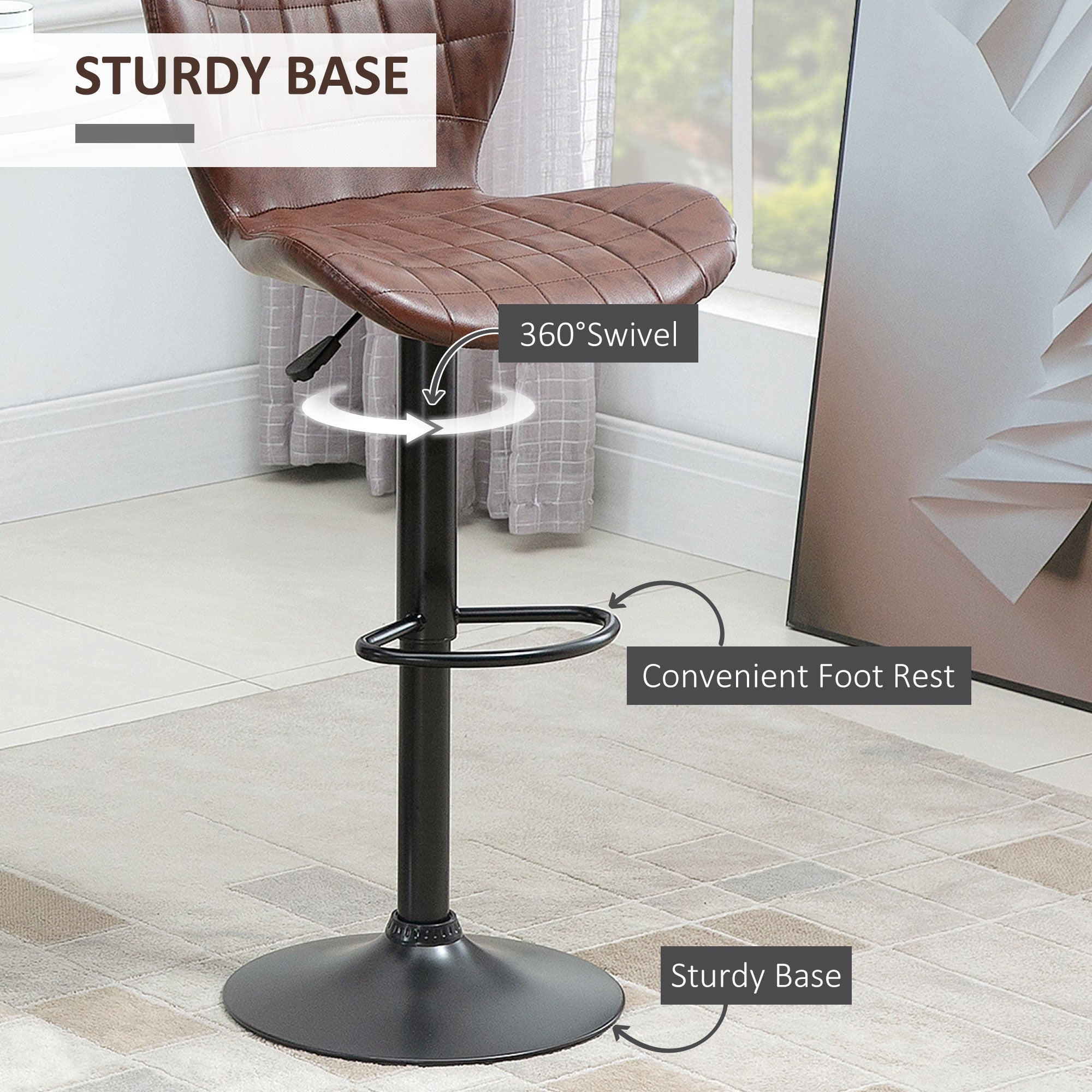 Bar Stools Set of 2, Adjustable Height Swivel Bar Chairs, PU Leather Brown
