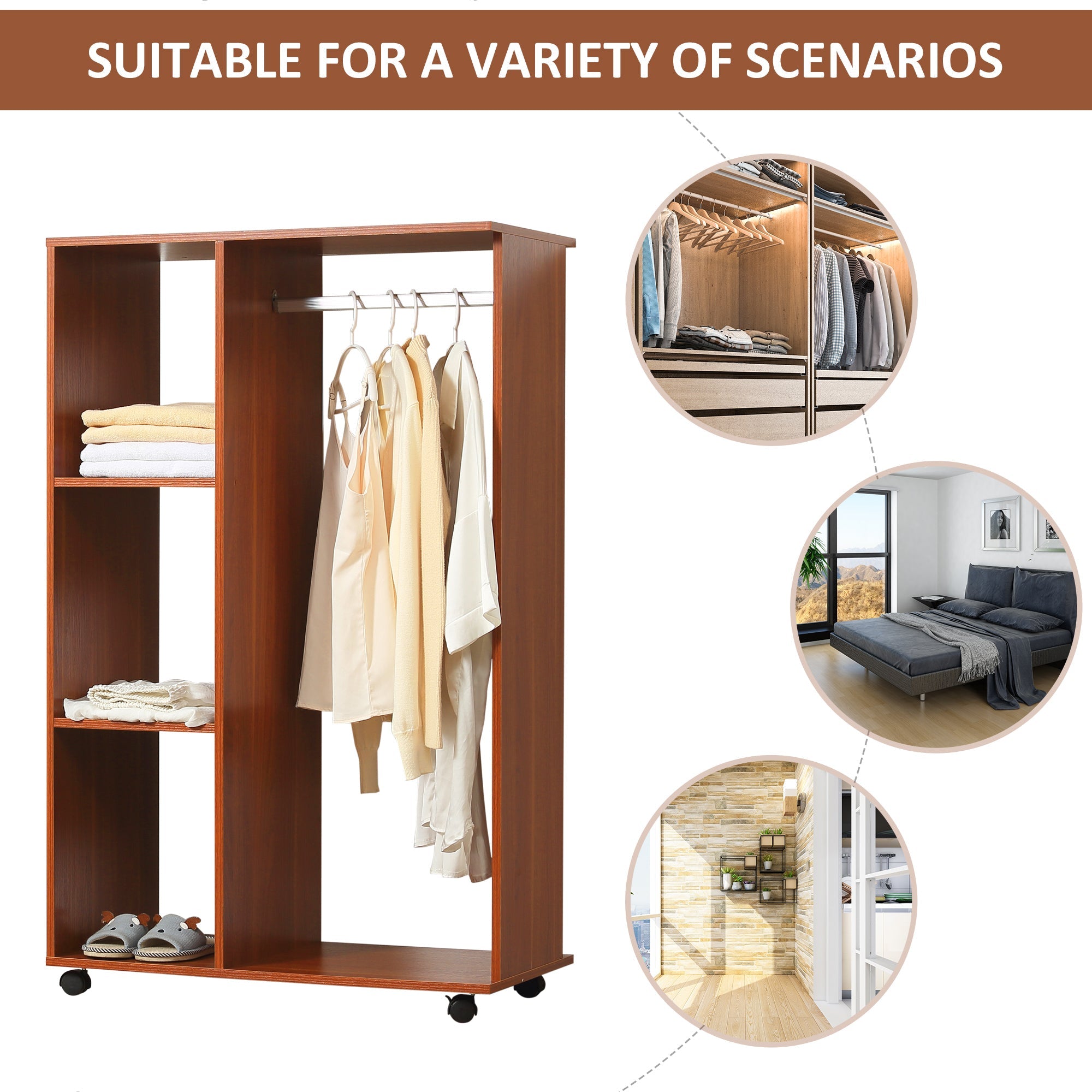 Open Wardrobe on Wheels, Clothes Hanging Rail & 3 Storage Shelves, Walnut