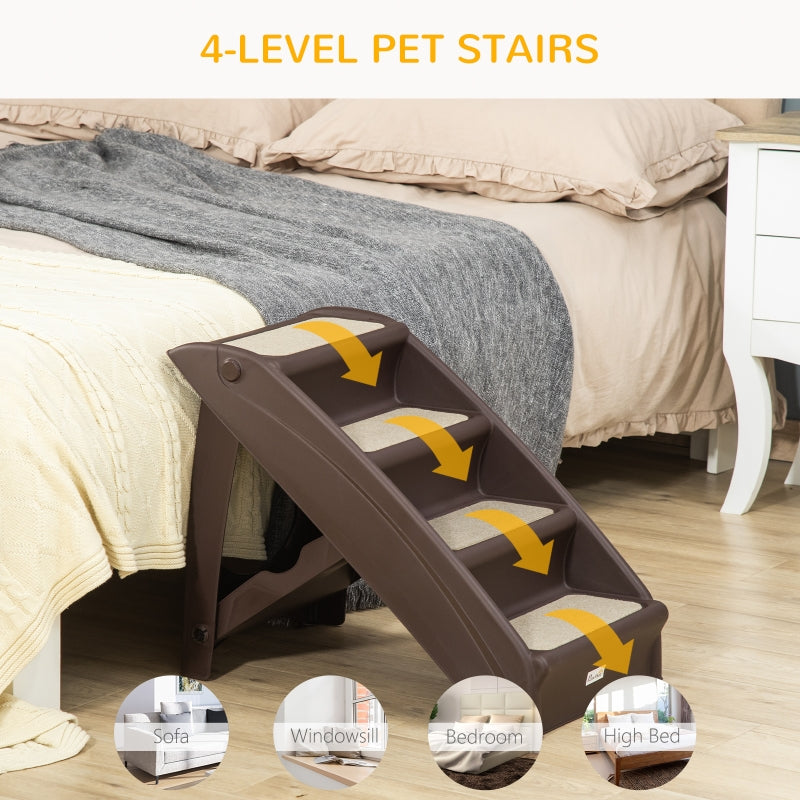Foldable Four-Step Pet Stairs, Non-Slip Mats, Brown