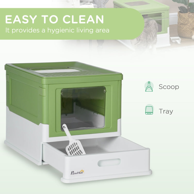 Hooded Cat Litter Box, Portable, with Scoop, Front Entry - Light Green