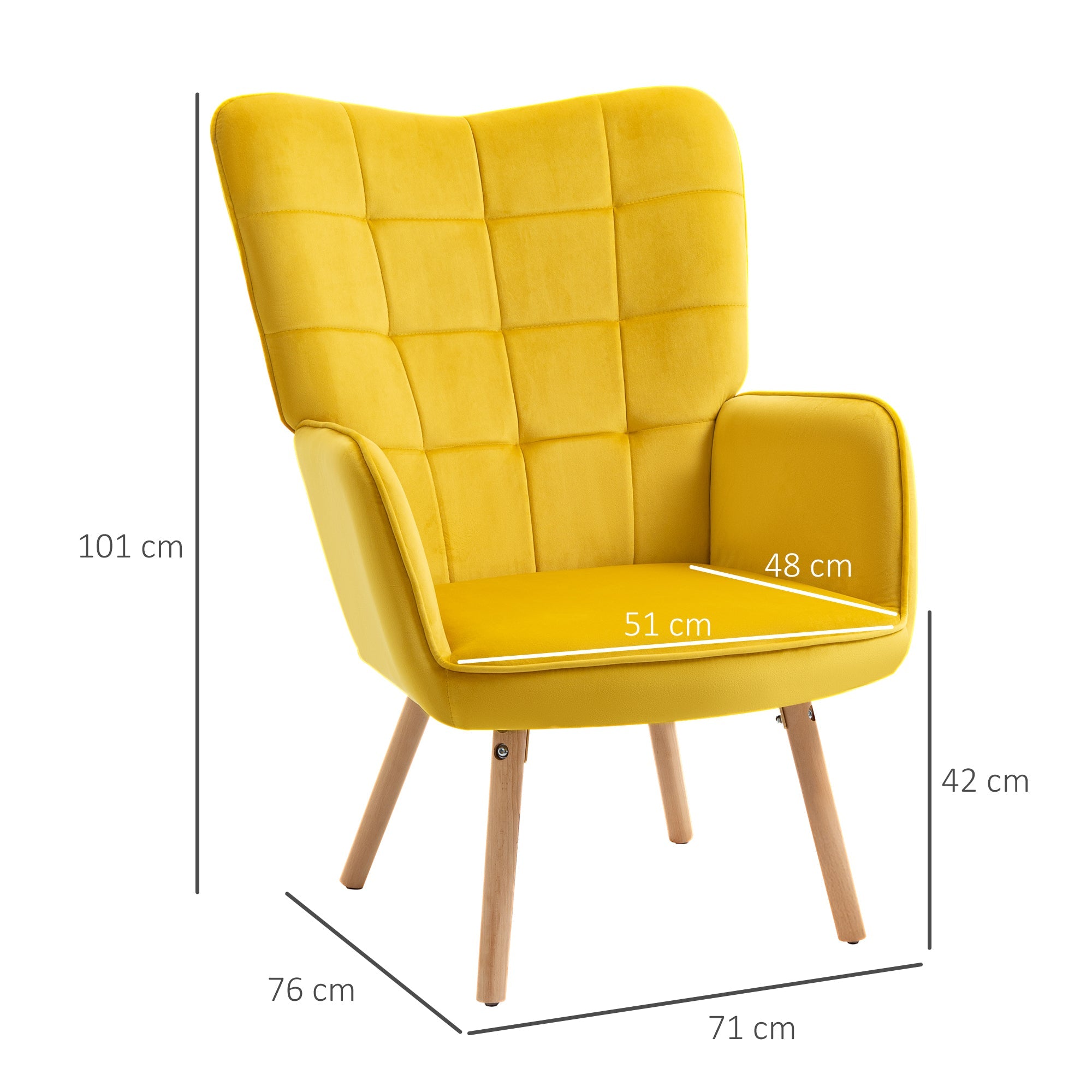 Modern Accent Chair, Tufted Wingback Armchair with Wood Legs, Yellow Velvet