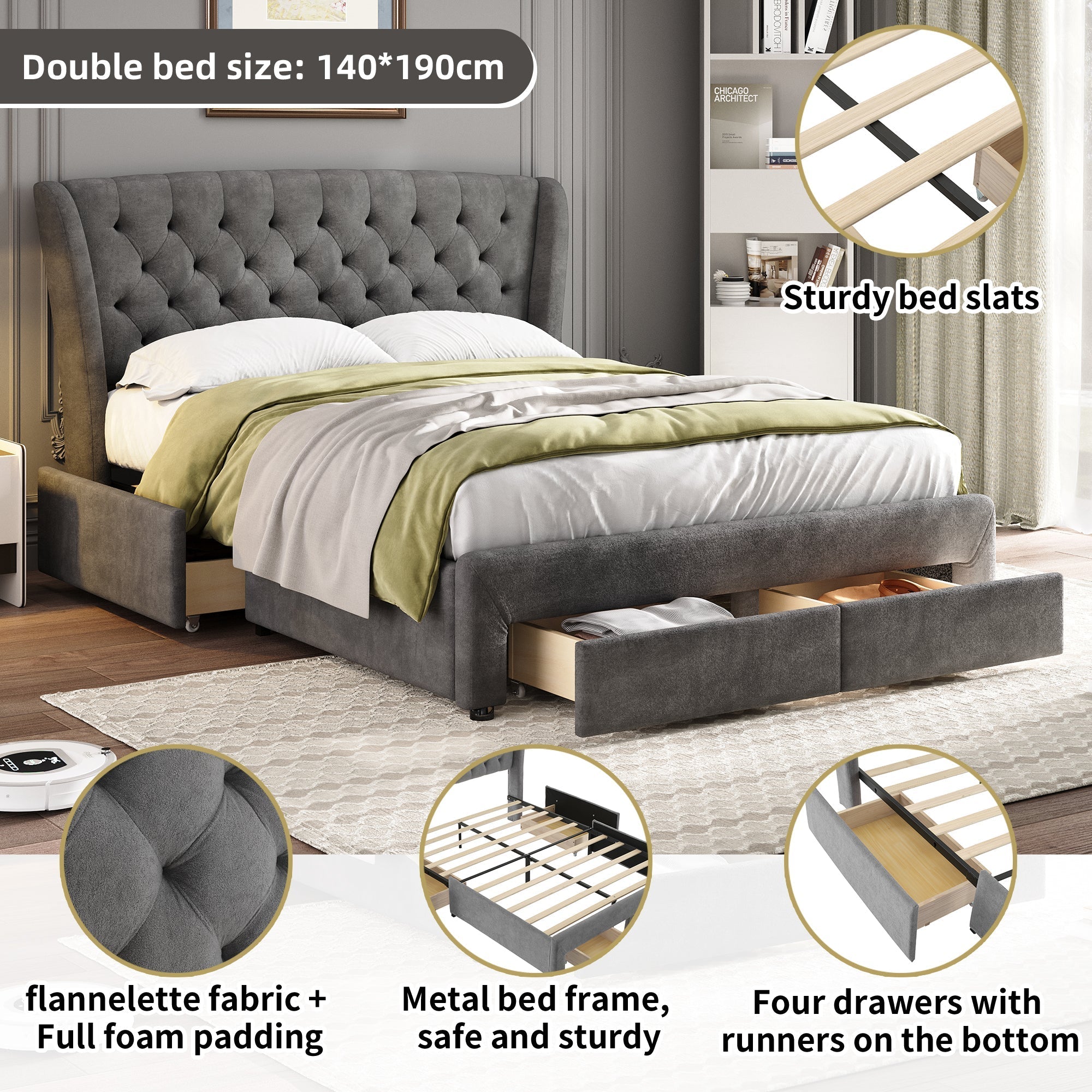 Upholstered Storage Bed 4ft6 Double with 4 Drawers, Soft Backrest & Metal Slats, Snowflake Fleece Grey