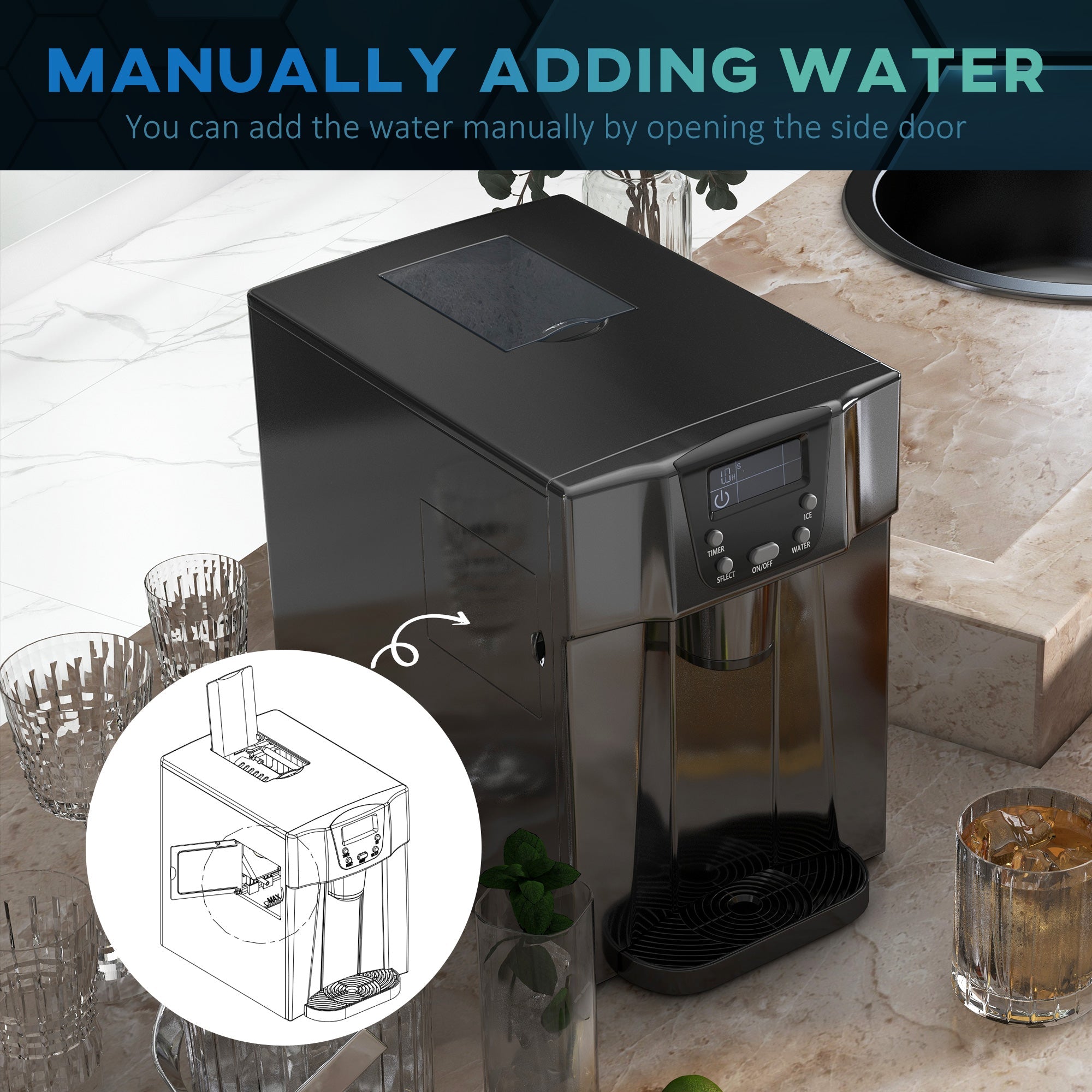 Ice Maker Machine and Water Dispenser, Counter Top with 3L Tank, Adjustable Cube Size, Black