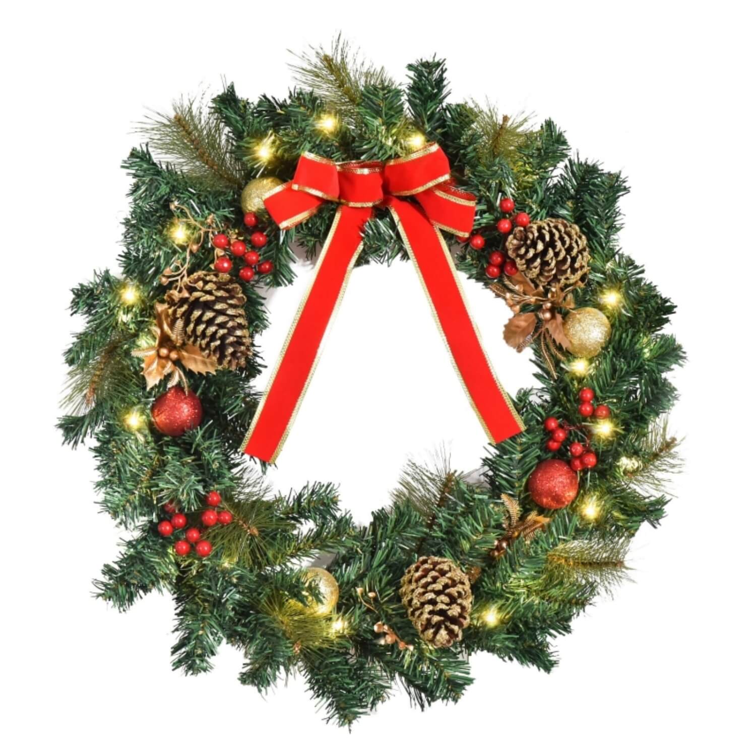 60cm Pre-Lit Artificial Christmas Wreath with Holly, Pine Cones & LEDs – Indoor Decoration