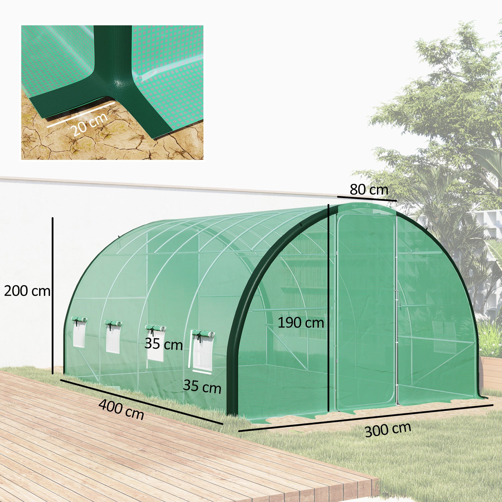 Polytunnel Greenhouse 4 x 3(m) with Windows and Doors - Green