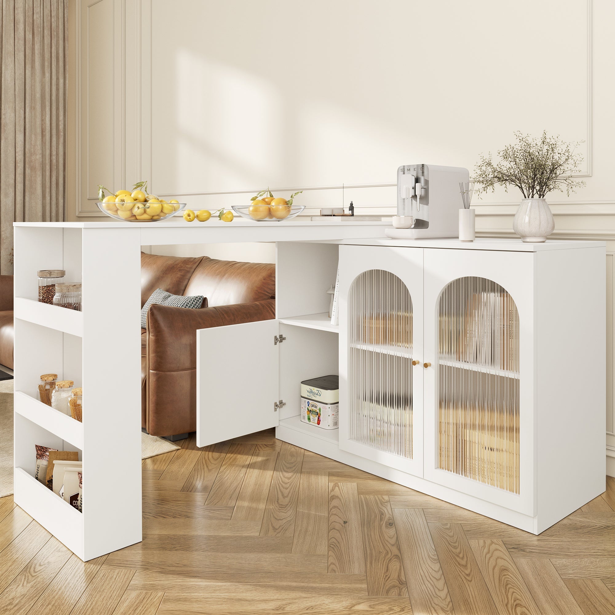 Bar Table, 360¡ã Rotating Dining & Storage Cabinet with Glass Door, White