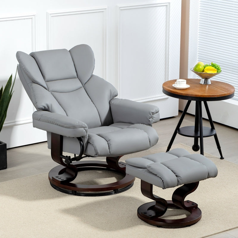 360¡ã Swivel Recliner Chair with Footstool, Manual Recliner Armchair, PU Leather Light Grey