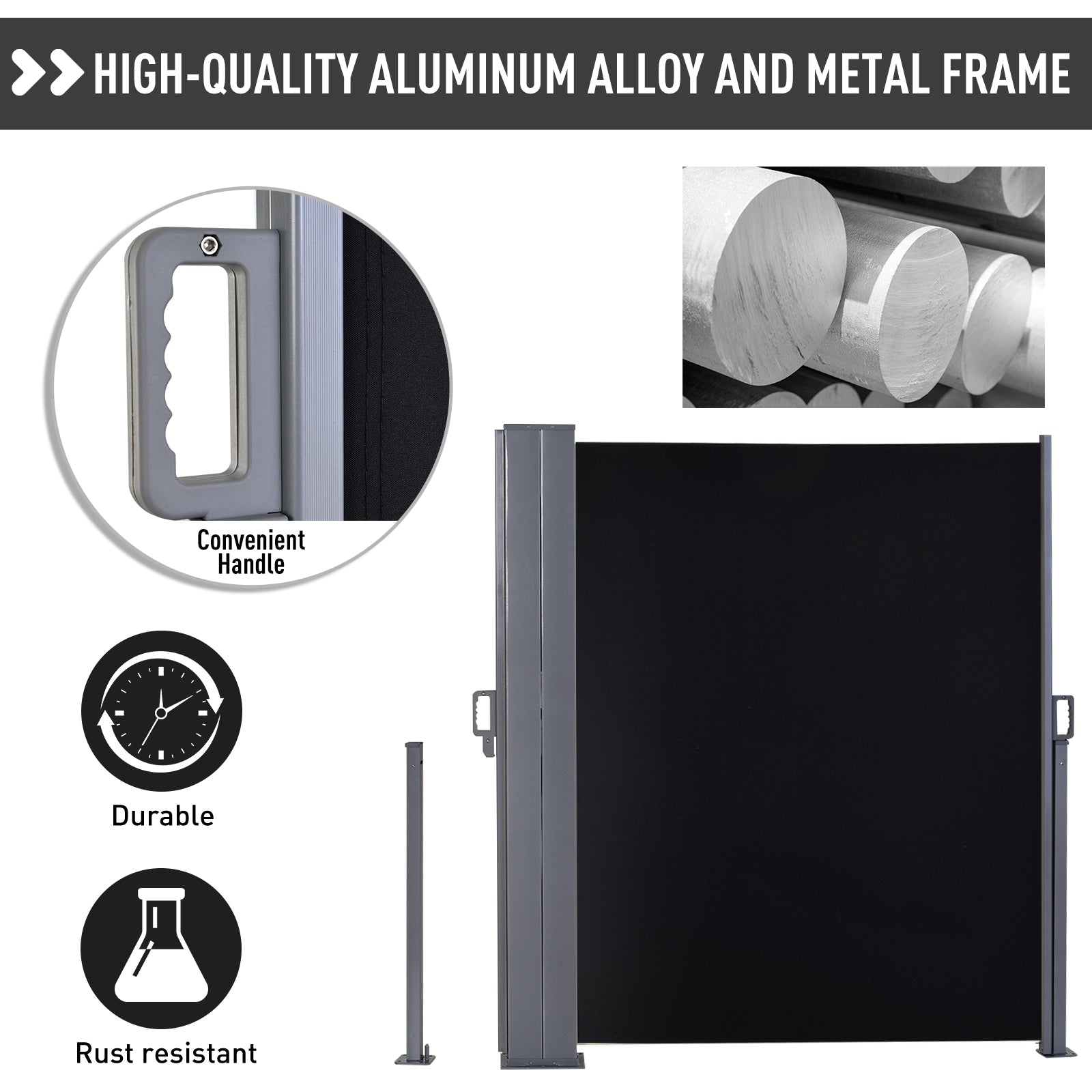 Retractable Awning Double Canopy Side Blind with Steel Frame - Black