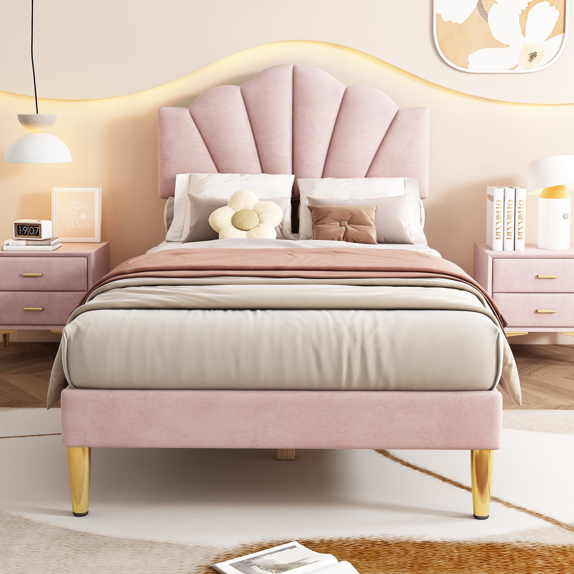 Velvet Upholstered Single Bed - 3ft (90*190cm) with Shell-like Design, Golden Iron Legs, Height-Adjustable Headboard, Wooden Slatted Frame, Pink