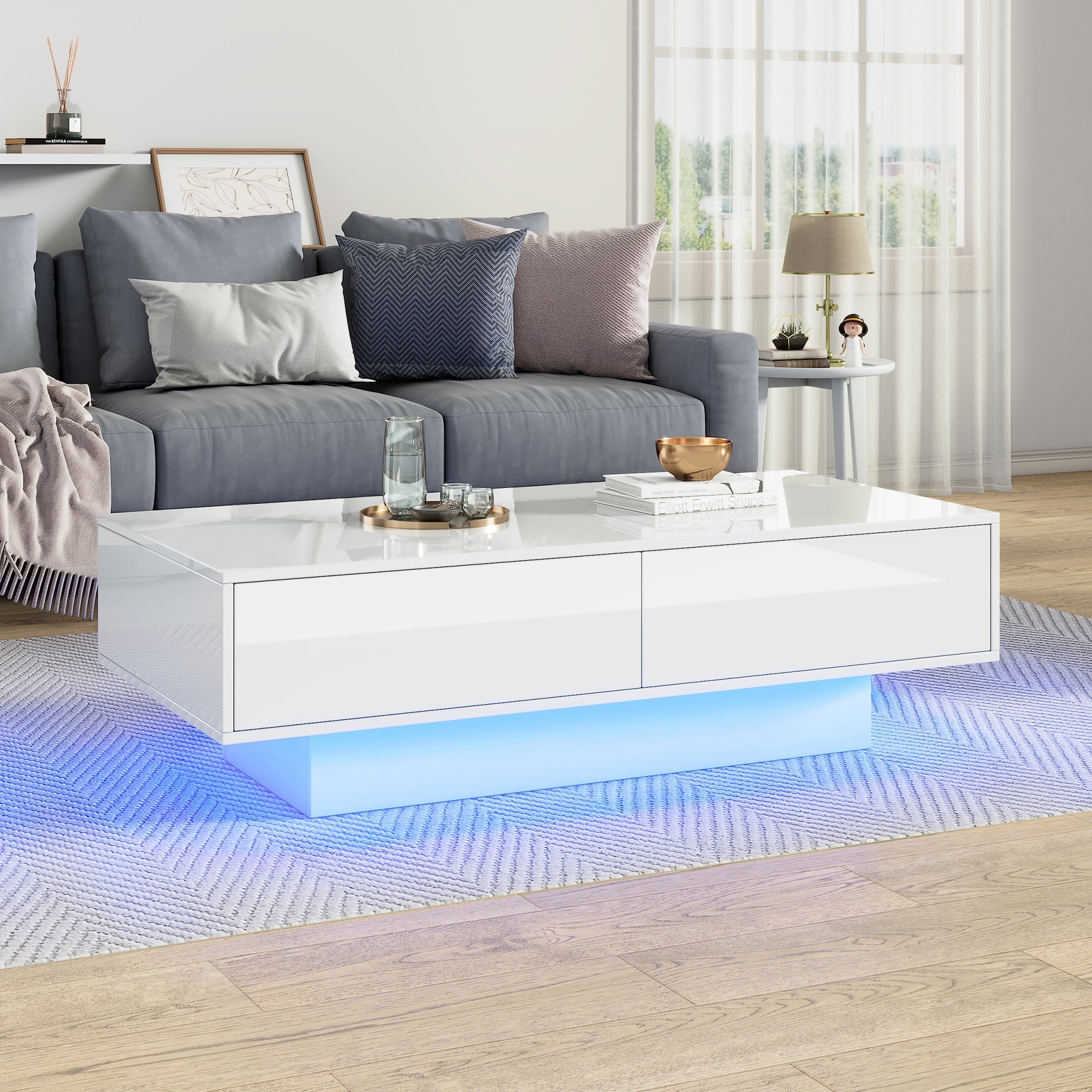White High Gloss LED Coffee Table with 16 Colors LED Lights and 2 Drawers