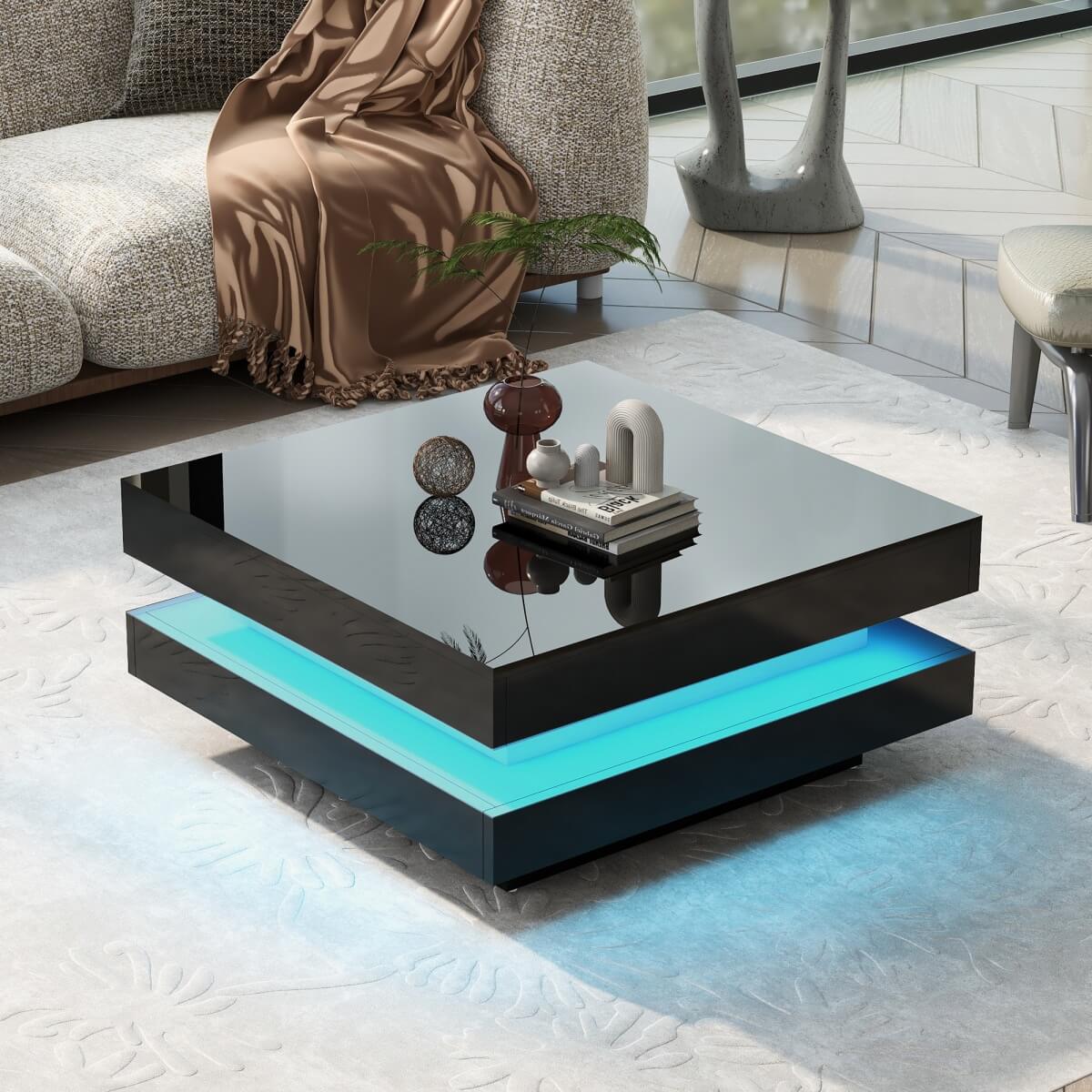 Black High Gloss Coffee Table with 360° Rotating Top & LED
