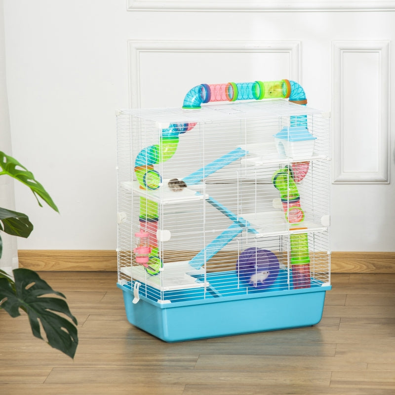 Hamster Cage with Water Bottle, Exercise Wheel, Tubes, Ramps - Light Blue