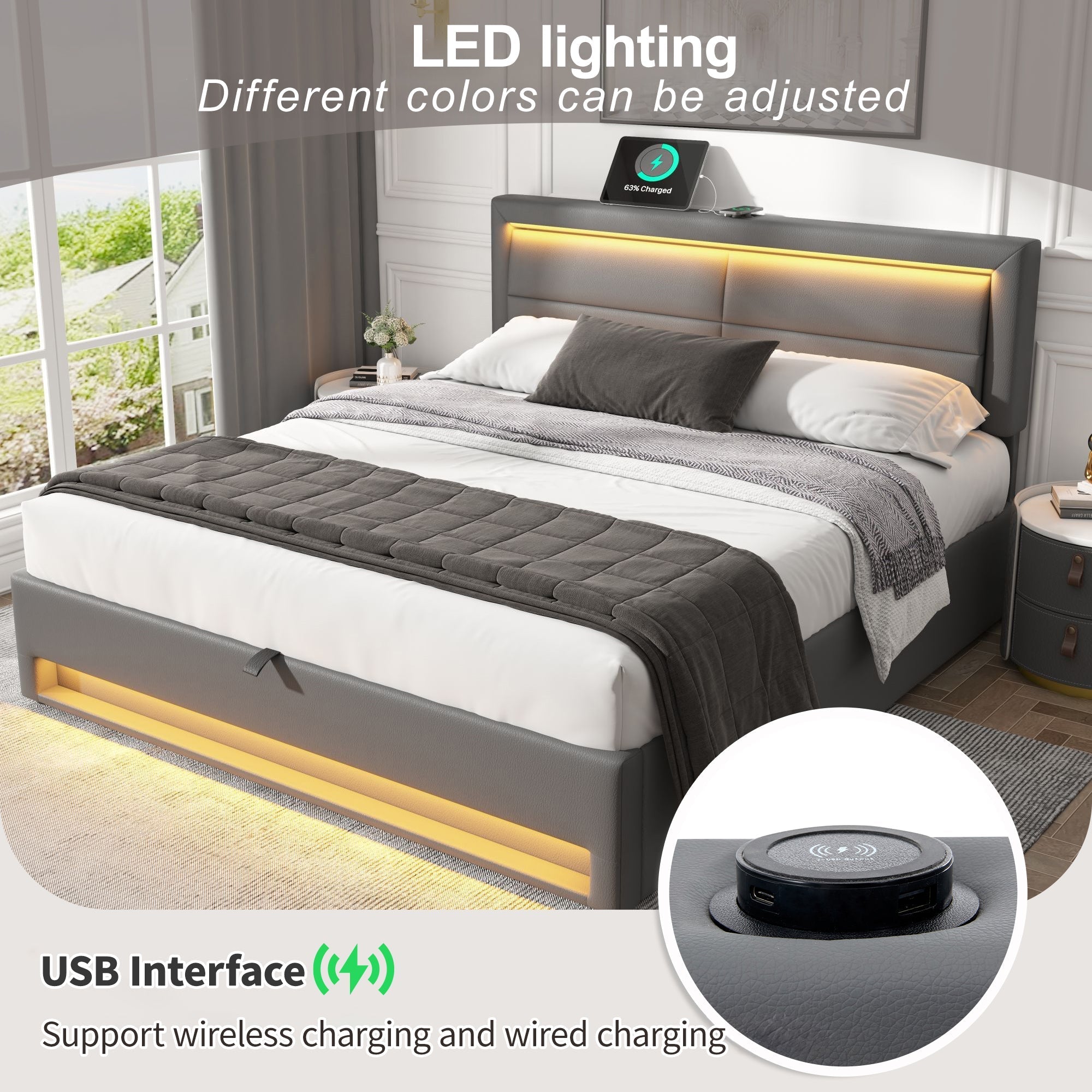 Upholstered Bed 135x190cm Double 4ft6 with USB Charging, LED Lighting & Storage, PU-Lychee, Grey