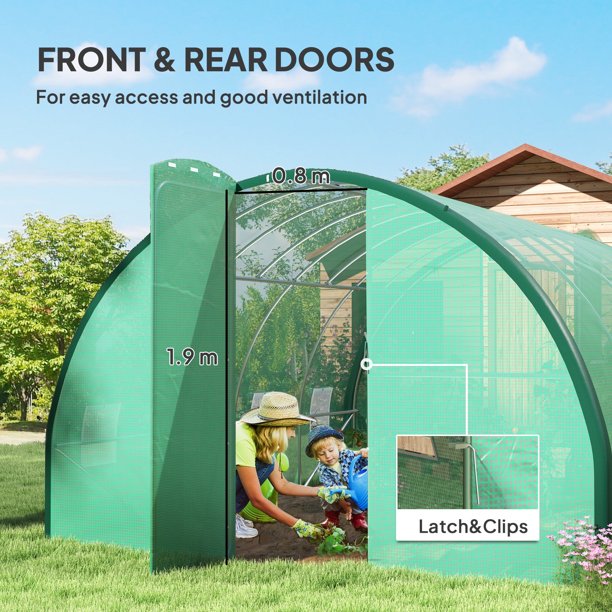 Polytunnel Greenhouse 4 x 3(m) with Windows and Doors - Green