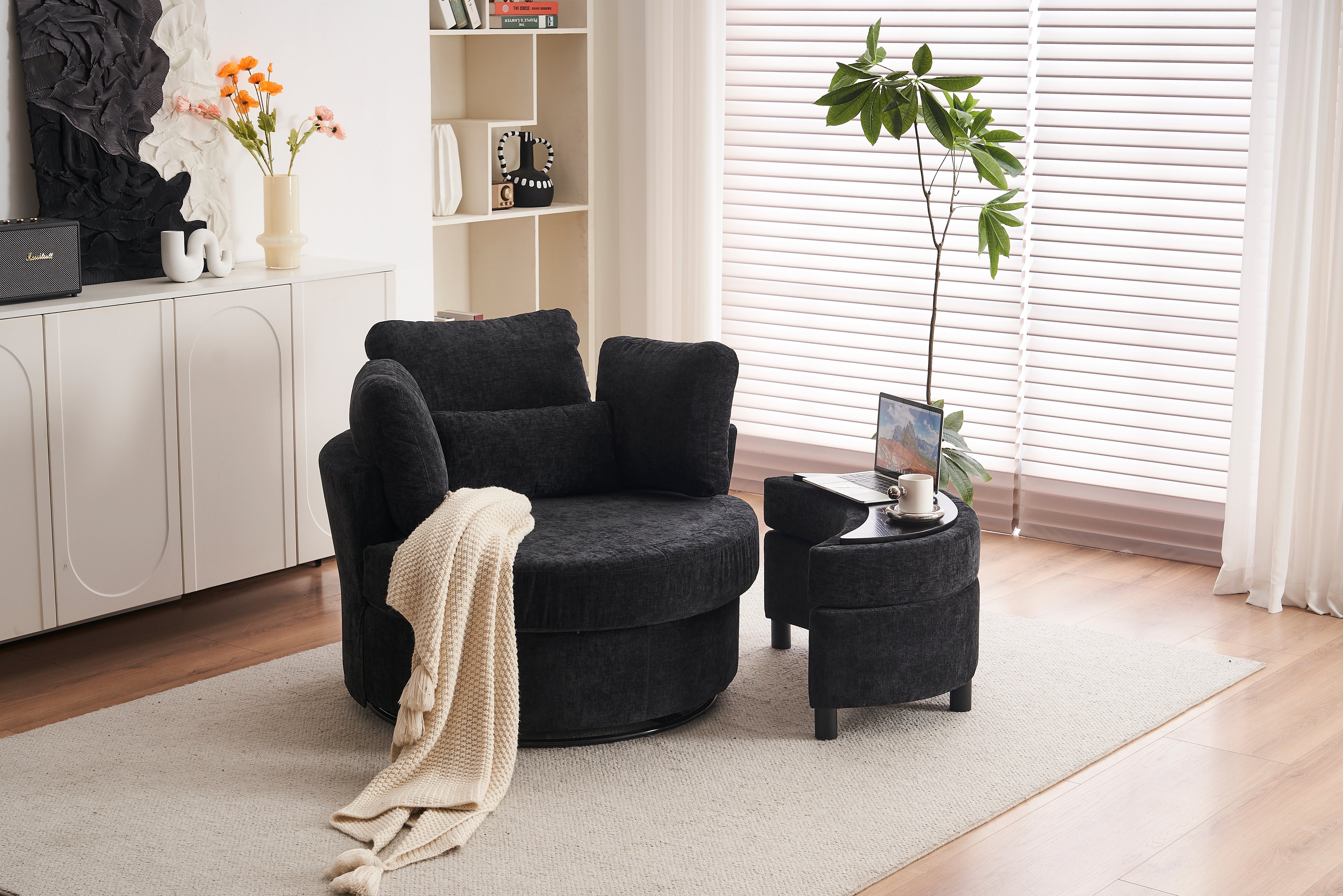 Chenille Swivel Armchair: 3 Back Cushion Pillow Ottoman Crescent Stool, Black