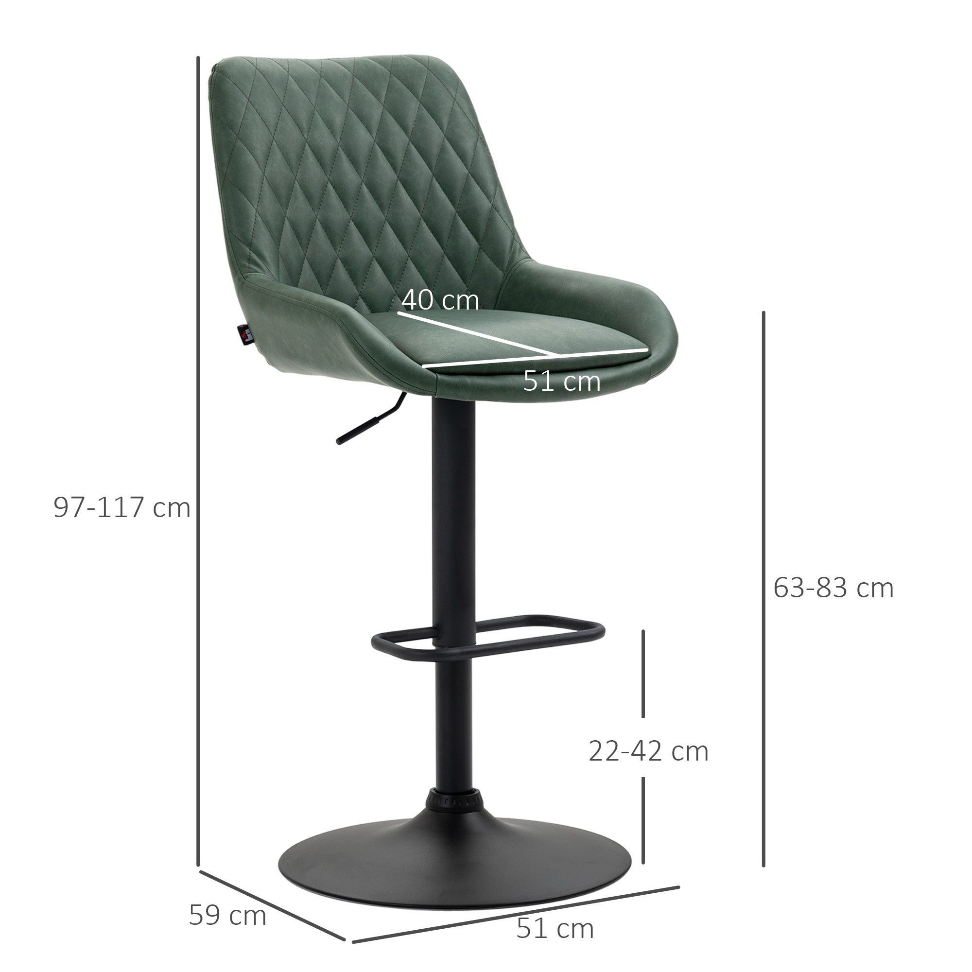 Retro Bar Stools - Adjustable Kitchen Stool, Swivel Seat, Green Upholstered