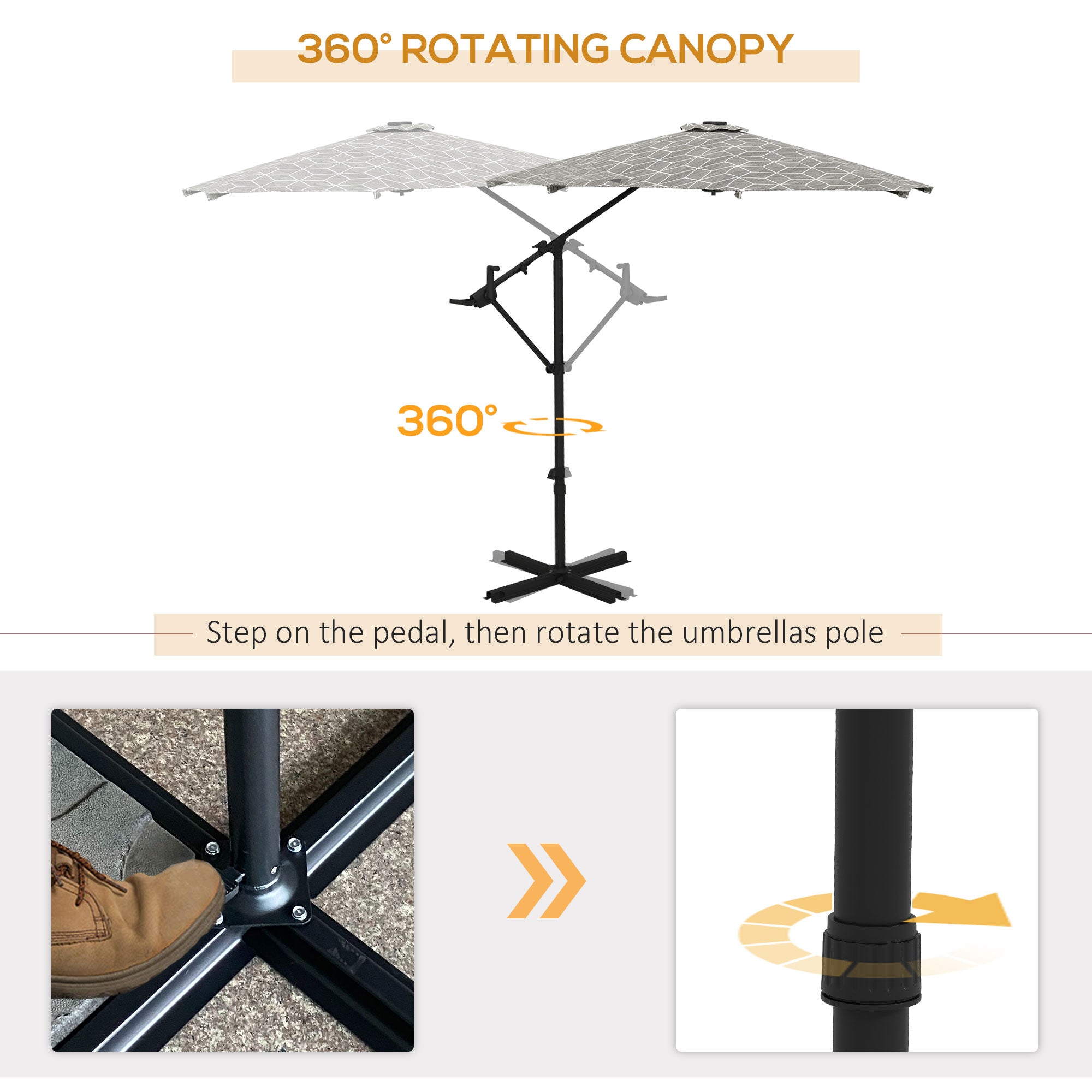 Convertible Cantilever Parasol, 3m, 360?? Rotation, Black and White