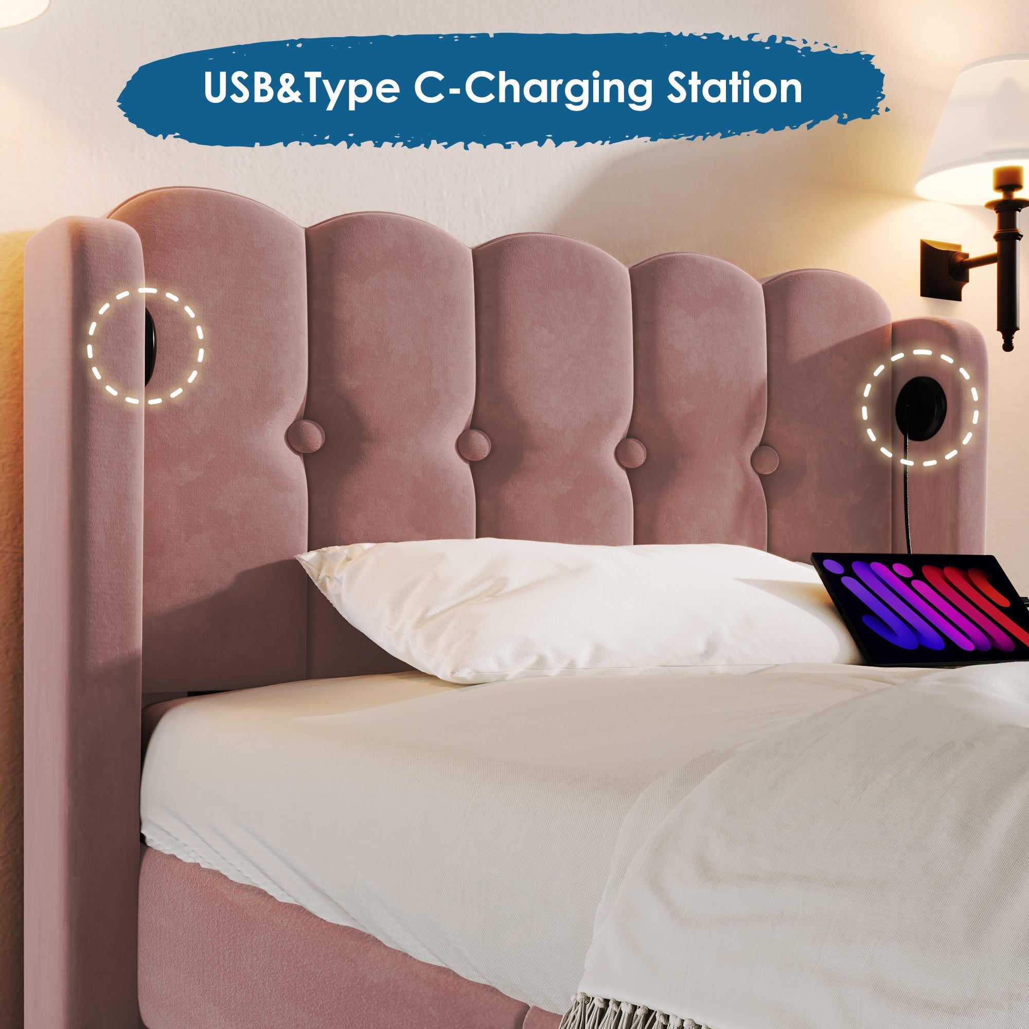 Upholstered Single Bed with USB and Type-C Charging, Pink, Velvet Material