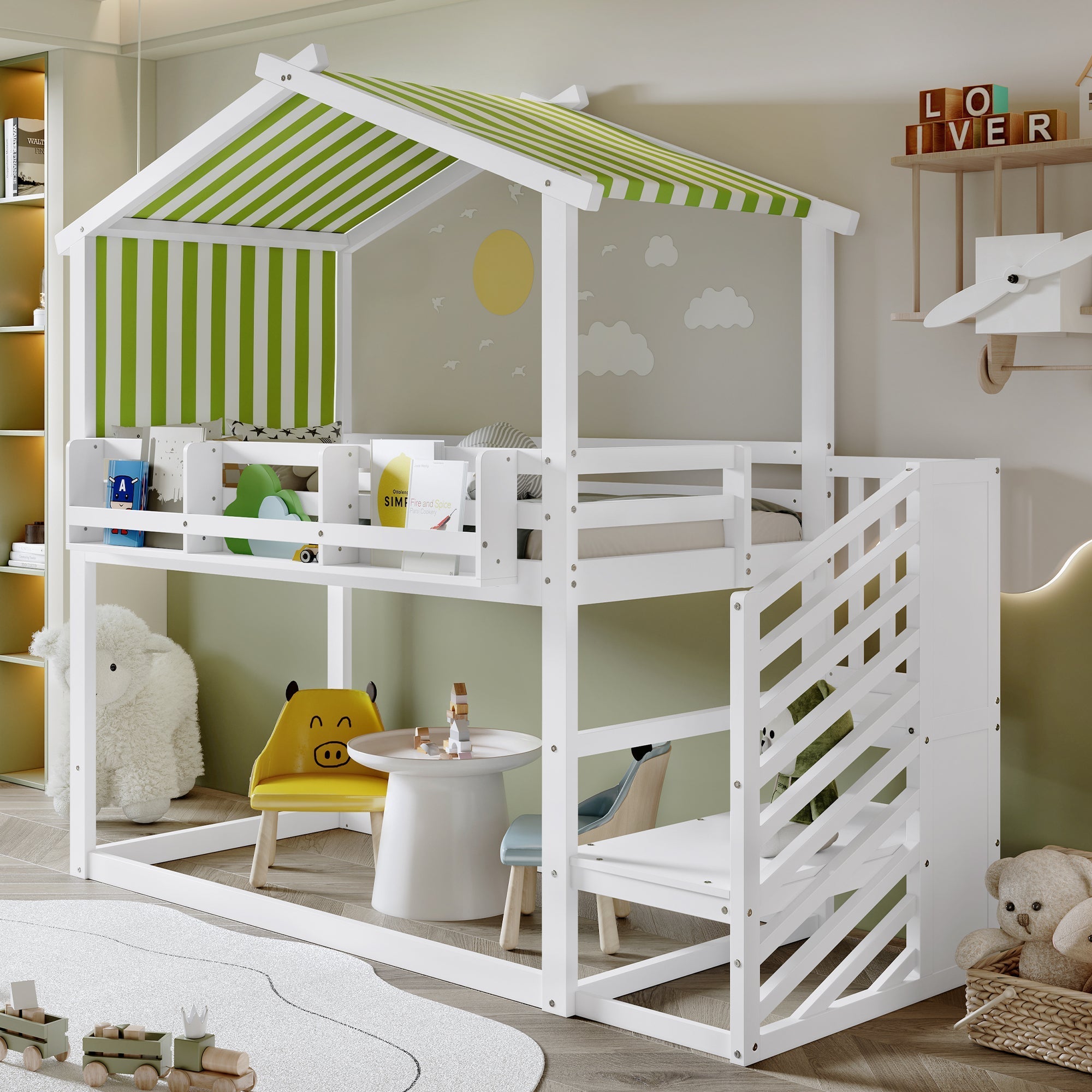 Bunk Bed with Decorative Canopy, Corner Staircase & Picture Bookshelf, 3ft 90x190cm, MDF Pinewood Plywood, White + Green